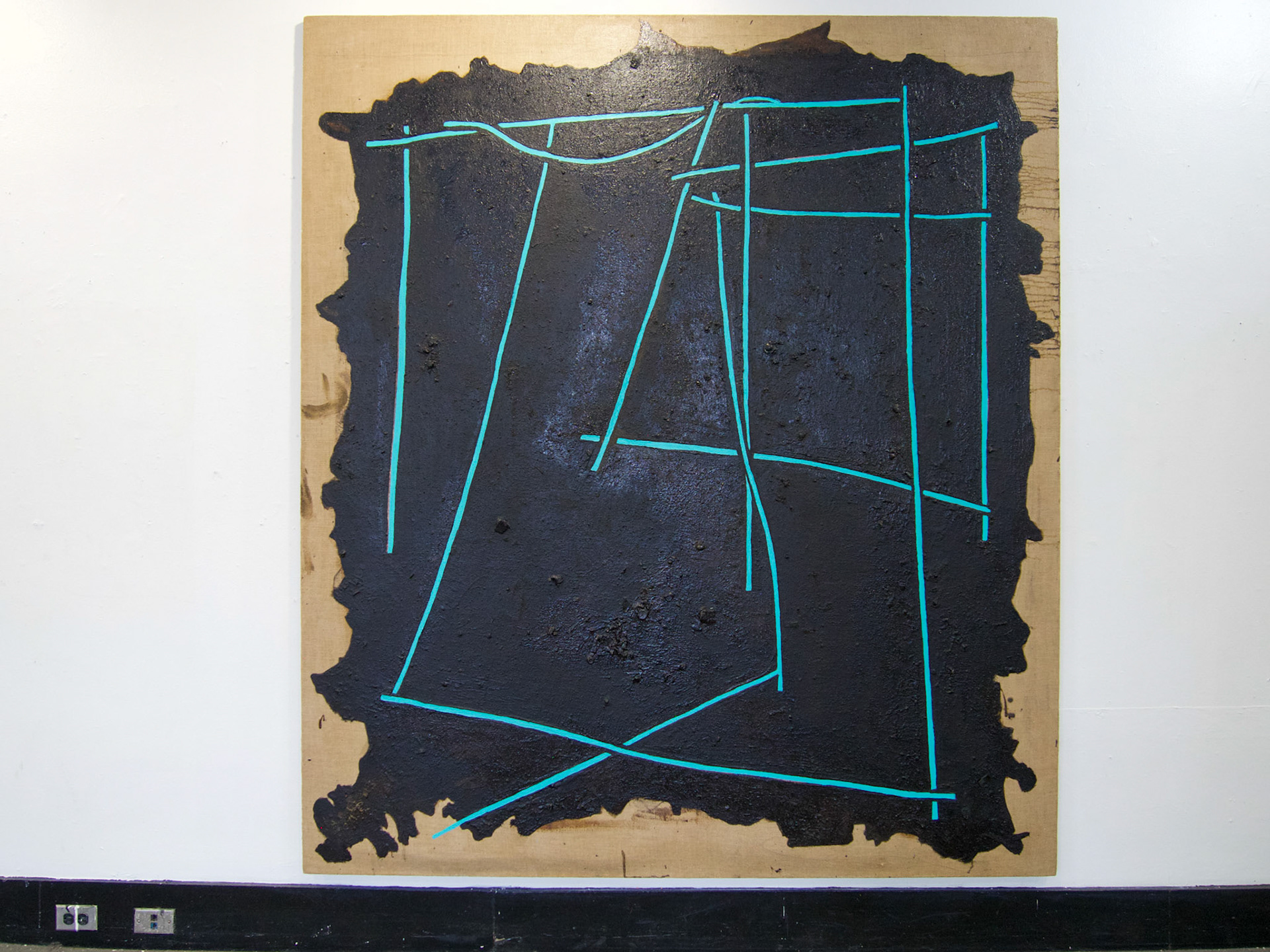 It’s beauty may paralyze youThere in the deep,All spine and line and hunger, 79” x 90”, Tiffany blue and tar on linen