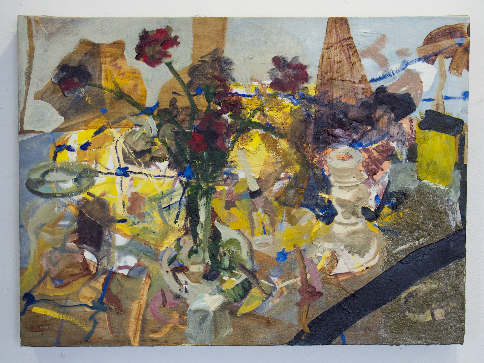 I dream of glass installationsThat will cover the mountains.Oil on linen 2021-22 26 1/2” X  19 1/2”