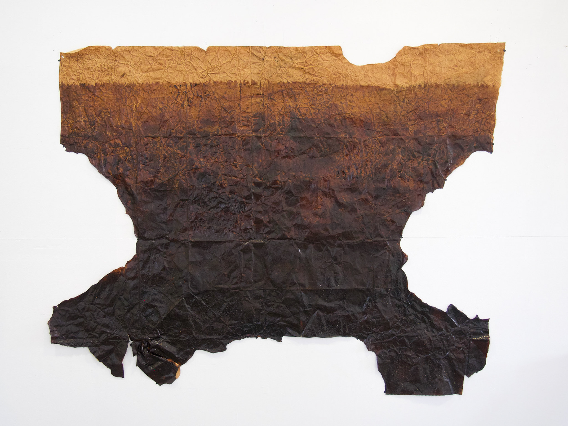 Below the horizon of sleep,Runs aground at Daylight.Tar, Brooklyn earth on pshycward trash bag  2020-21  49” X 42” hung at 54”