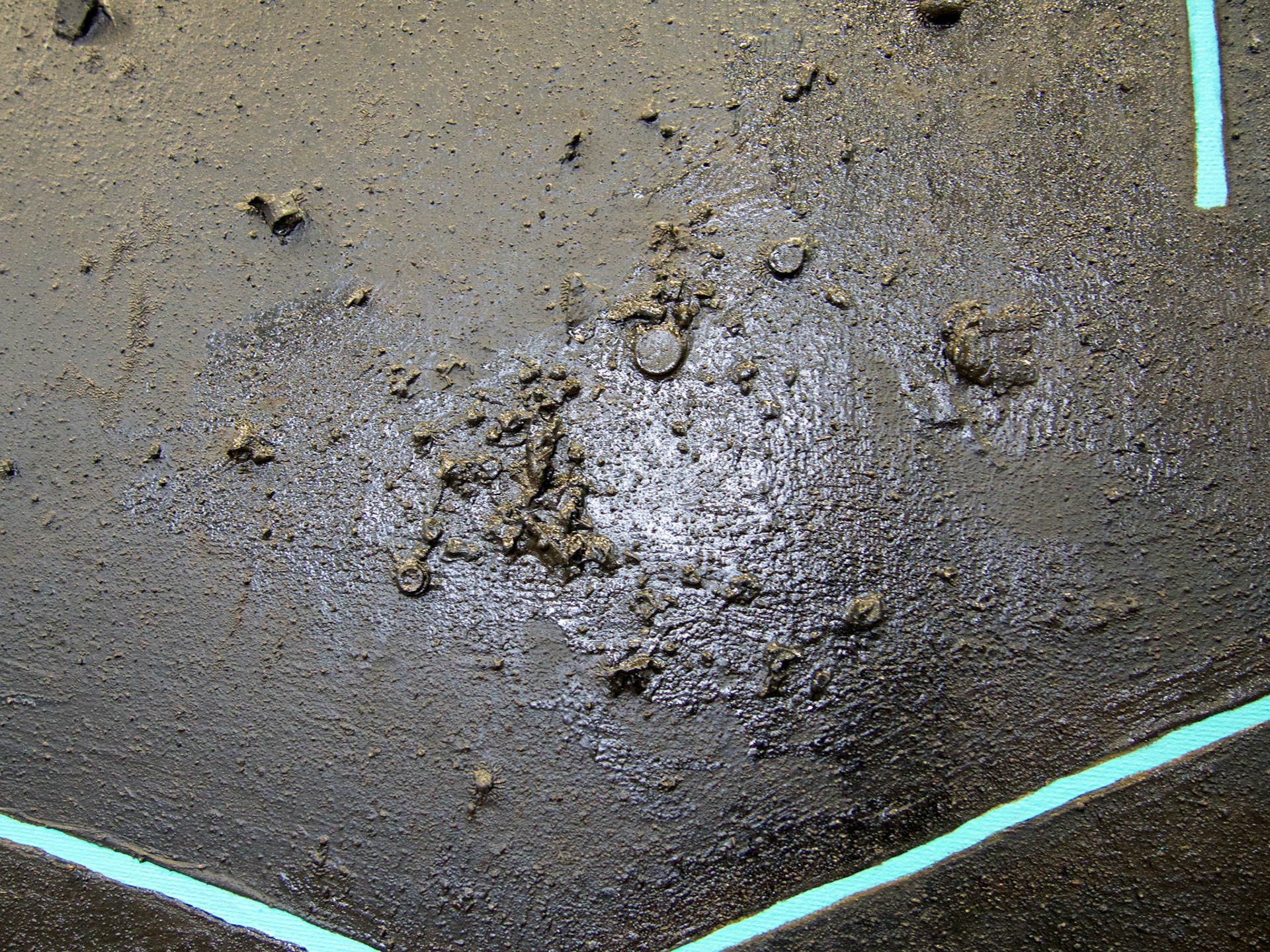 It’s beauty may paralyze youThere in the deep,All spine and line and hunger, 79” x 90”, Tiffany blue and tar on linen