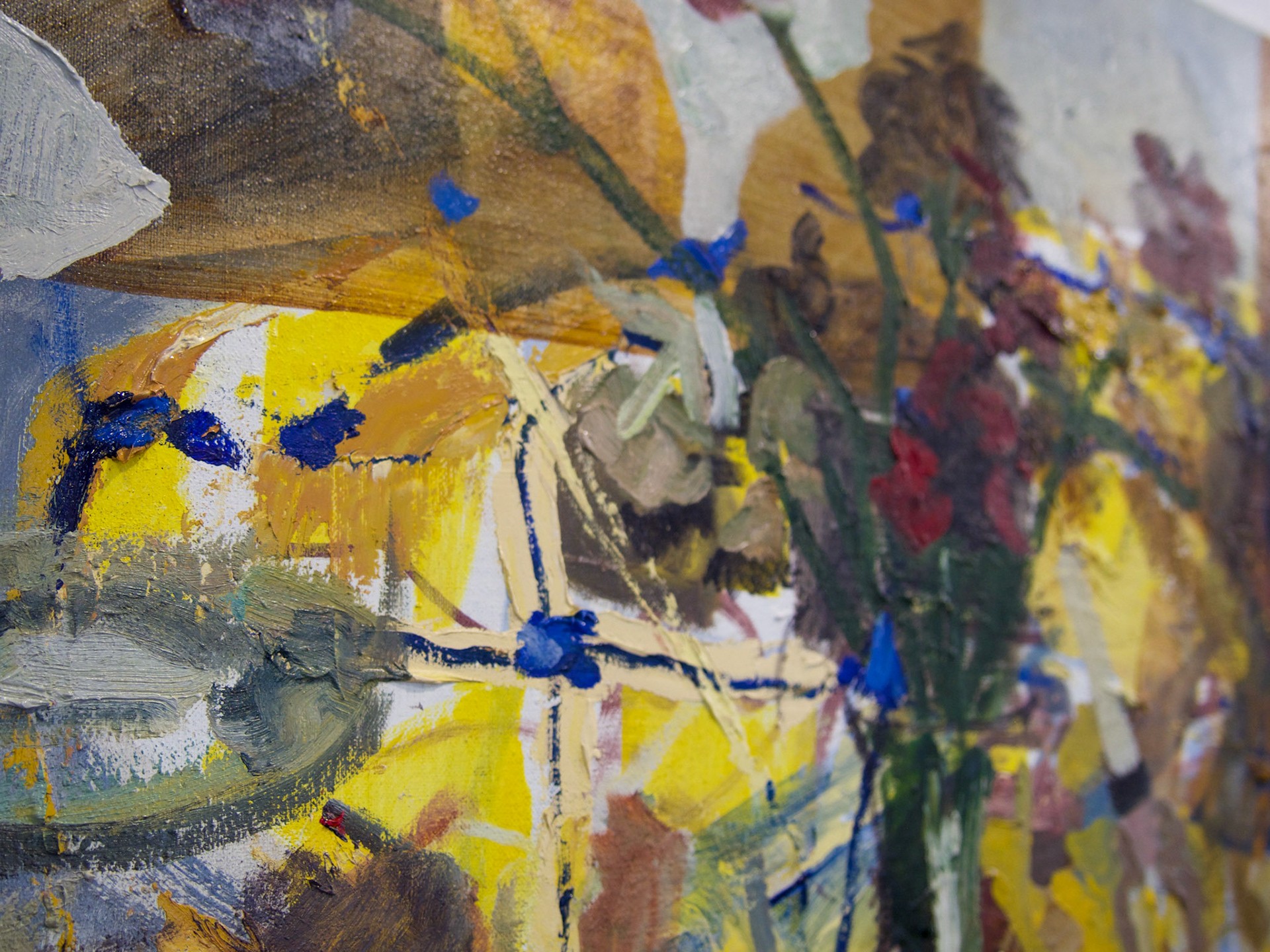 I dream of glass installationsThat will cover the mountains.Oil on linen 2021-22 26 1/2” X  19 1/2”