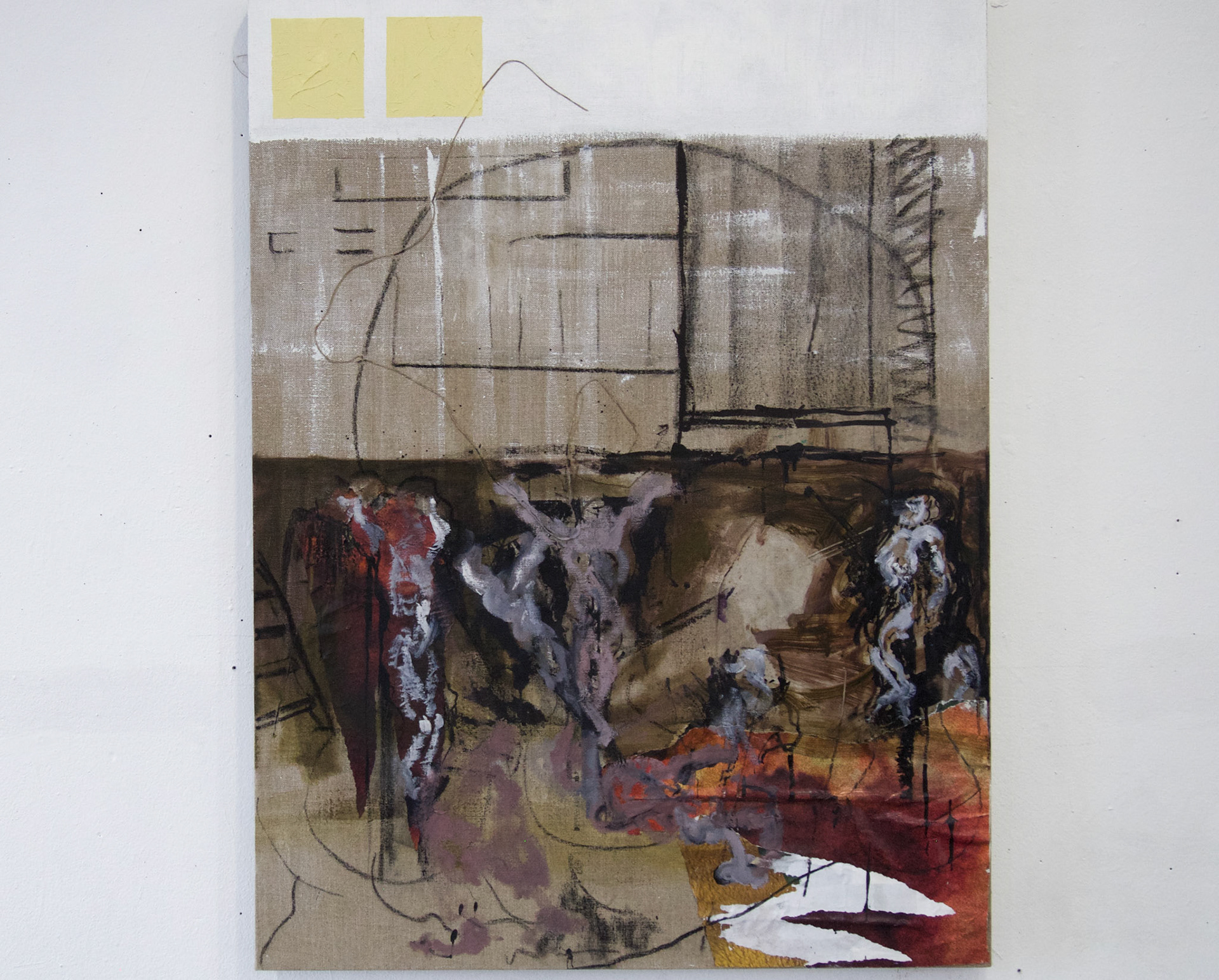 One large chunk at a time, stuffing it into my dry mouth whileMy sister and father slept.Oil and debris on linen 2022  30” x 40”