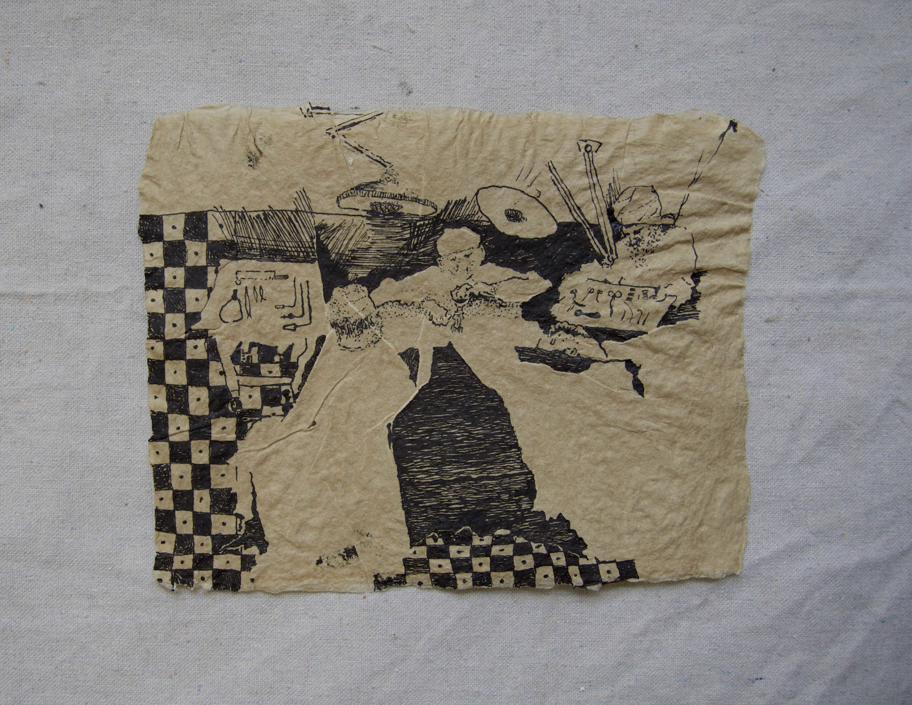 Tar, Brooklyn earth on pshycward trash bag on linen 8x9