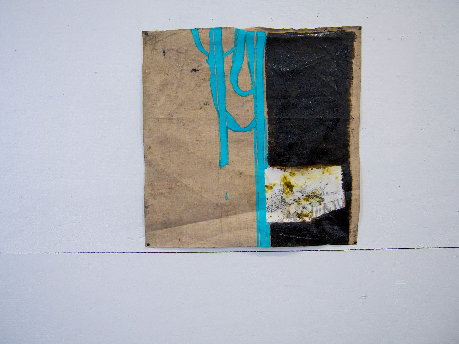 To be removed  As convenient.  No one talked about the alternatives.Ink, collage, tar and Tiffany blue on linen 2022  19 1/2” x 20”