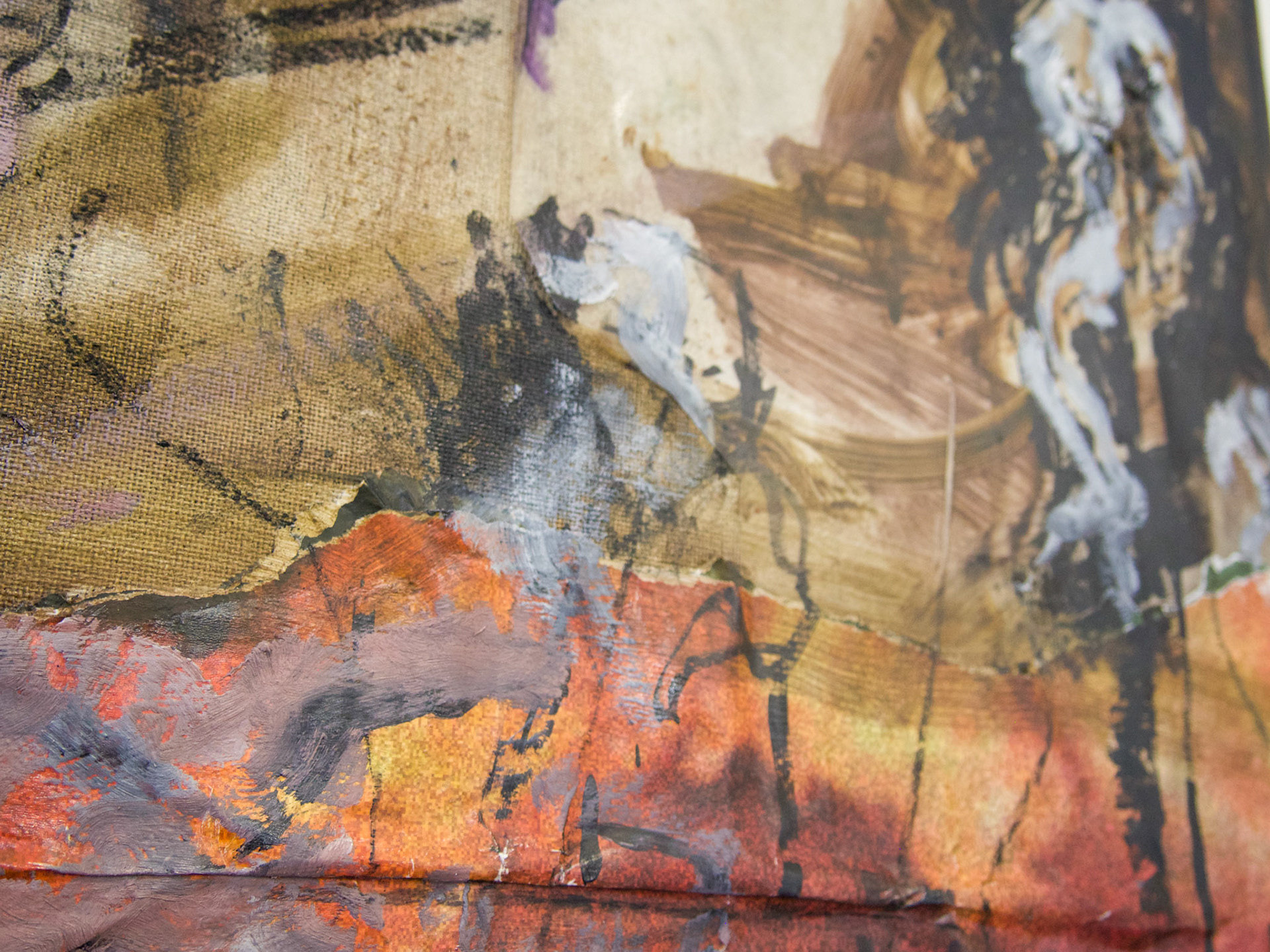 One large chunk at a time, stuffing it into my dry mouth whileMy sister and father slept.Oil and debris on linen 2022  30” x 40”