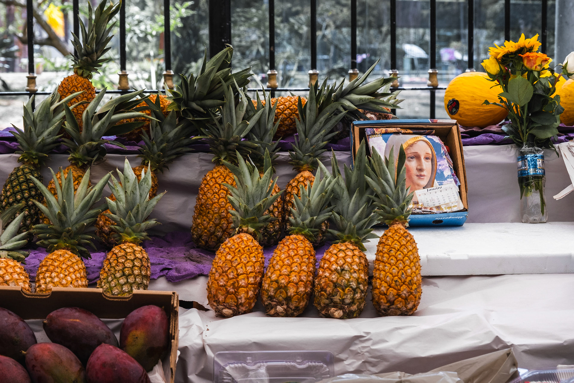 Mother Mary in the middle of a Pineapple stall, Ipanema, Rio de Janeiro