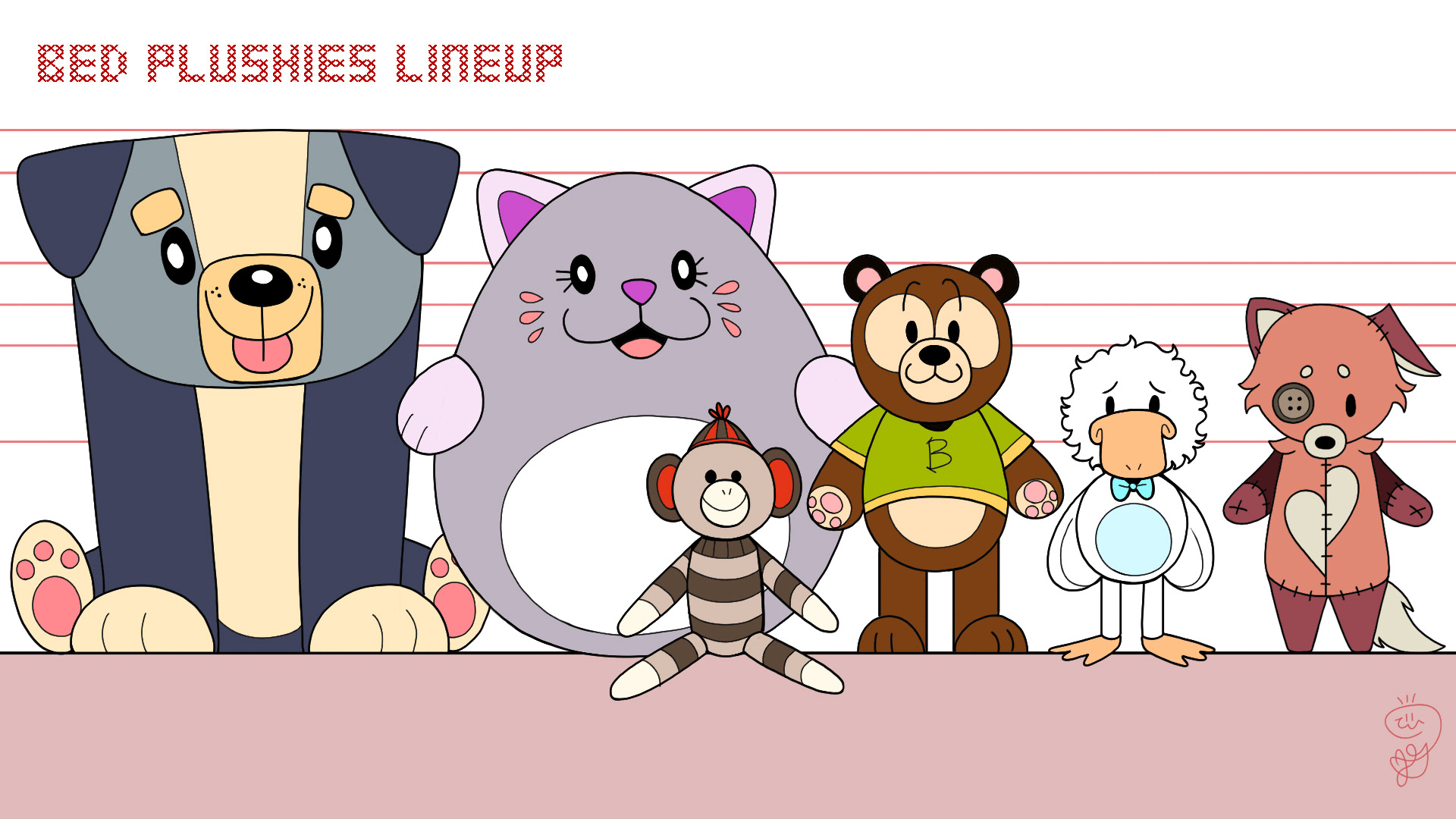 "Stitched" Bed Plushies Line Up