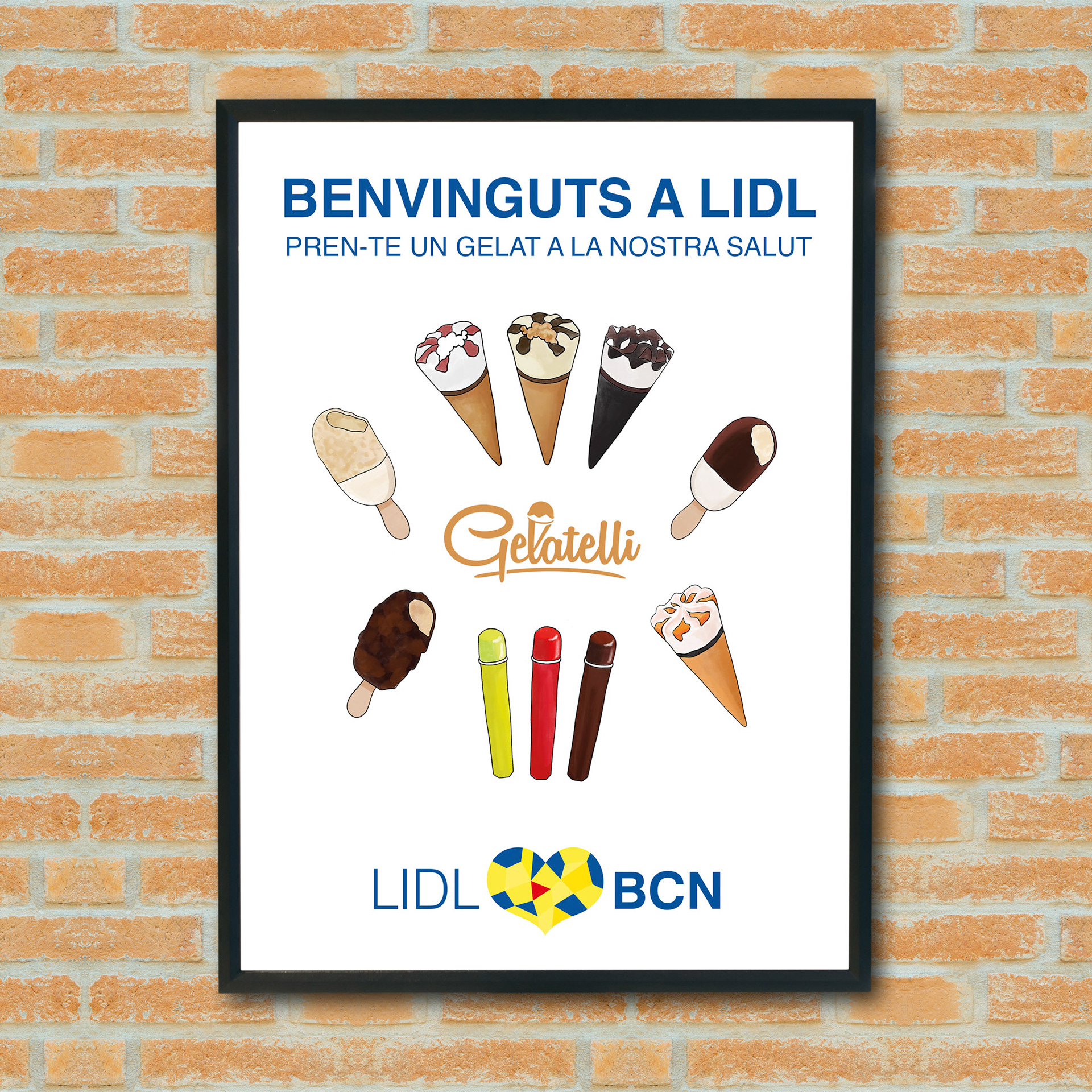 Mock up blank poster picture frame on brick wall.