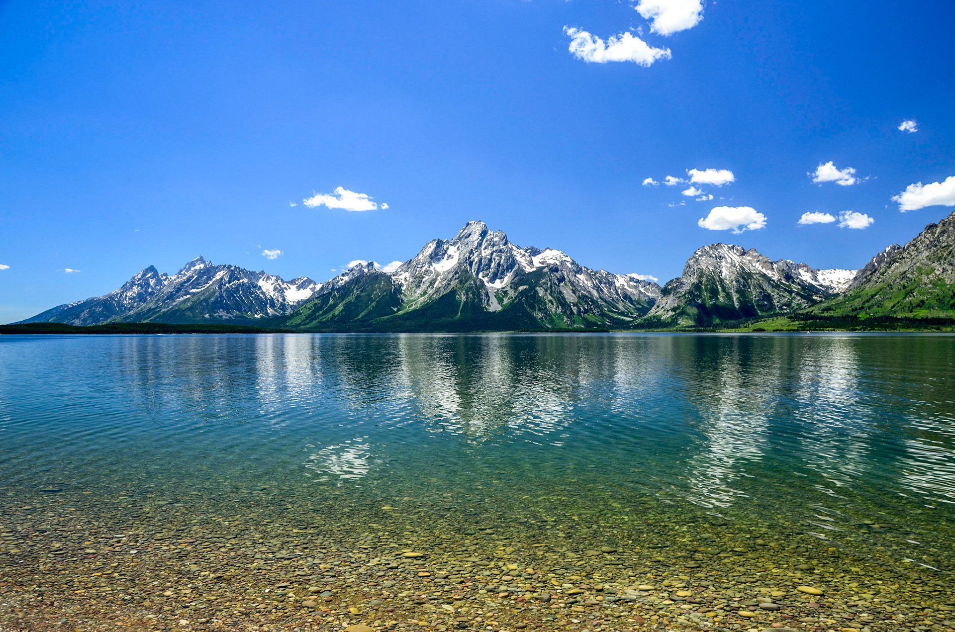 Grand Teton Range reflected in the water of Jackson Lake