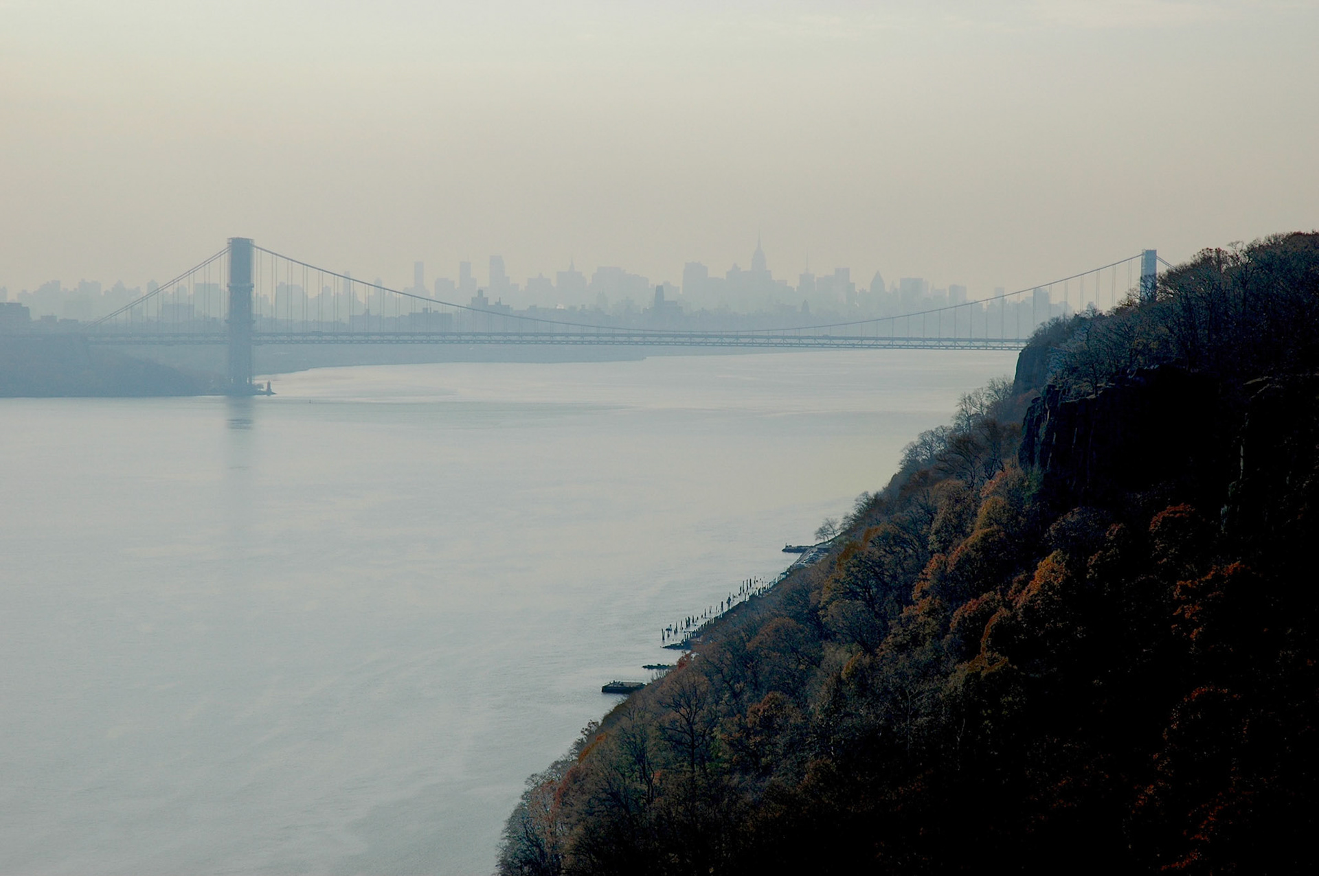 New York City skyline from the Palisades, looking through the mist and over the George Washington Bridge