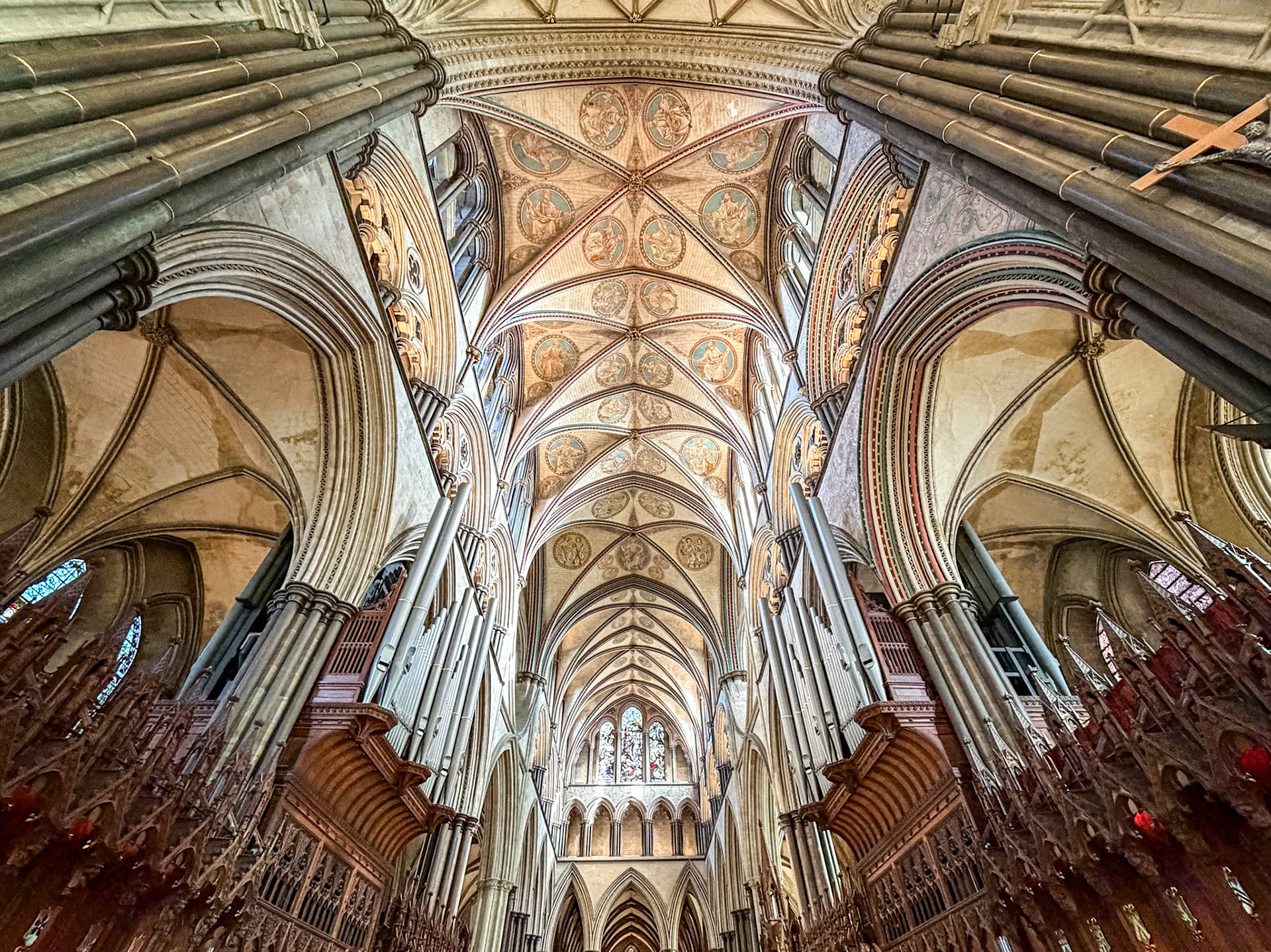 Looking up to the ribbed vault in Salisbury Cathedral