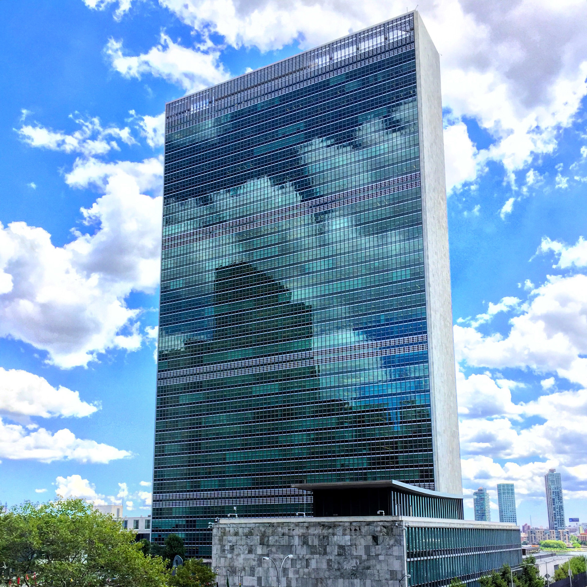Clouds reflected in the United Nations Building, New York