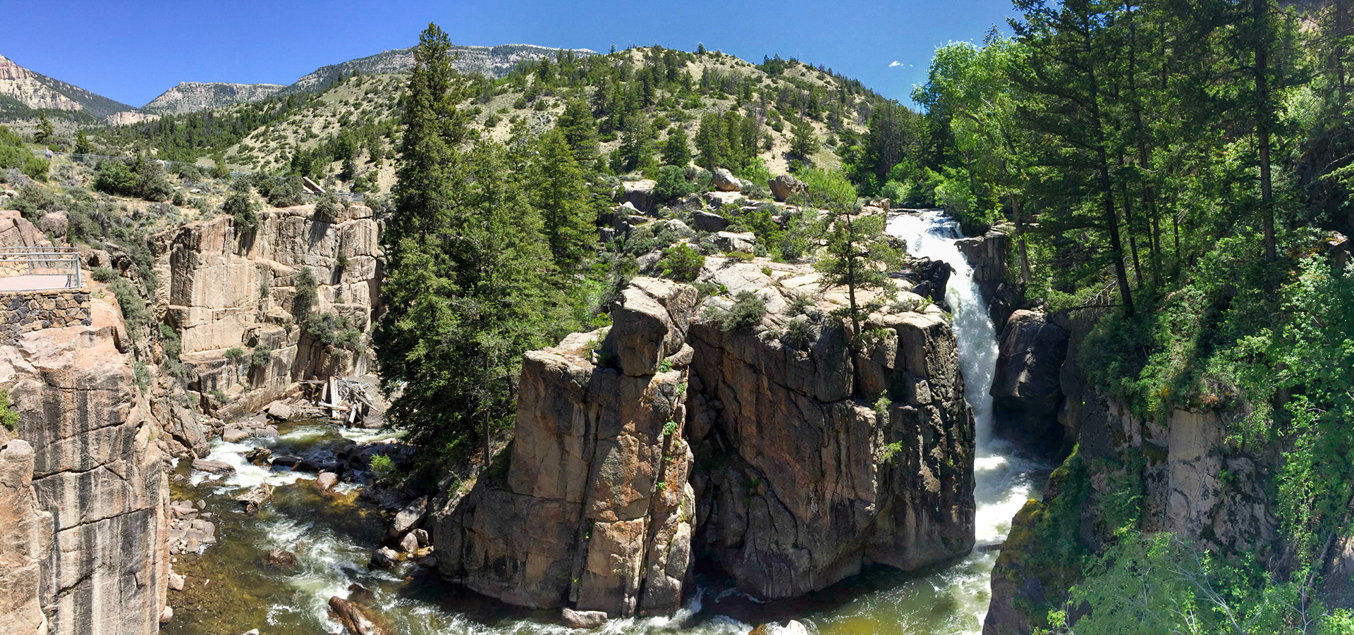 Panorama of Shell Creek Wyoming showing the falls and bend in the river