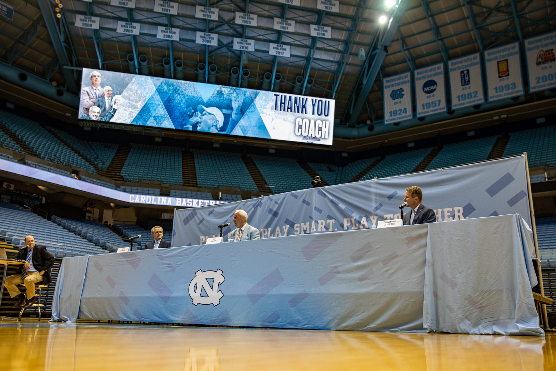 UNC hosts a press conference to announce the retirement of basketball head coach Roy Williams in the Dean E. Smith Center in Chapel Hill, N.C., April 1, 2021. The legendary coach led UNC to three national championship titles and nine ACC regular season title over 18 seasons. He reached 903 wins over his 33-year career, making him the third-winningest coach in NCAA basketball history.