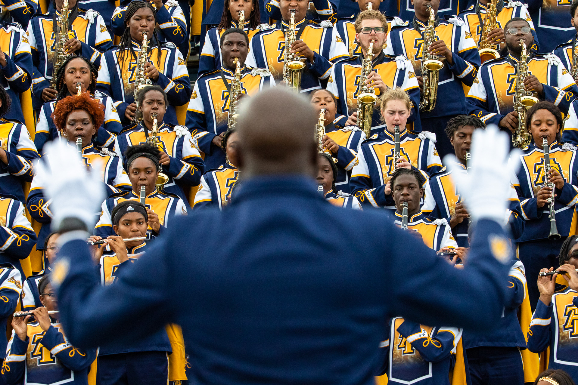 Special Merit Award | NC A&T's band director leads the marching band in performing the school alma mater in BB&T Stadium in Greensboro, N.C., Saturday, Oct. 26, 2019. The Bulldogs beat Howard Bison 64-6 in their homecoming game.