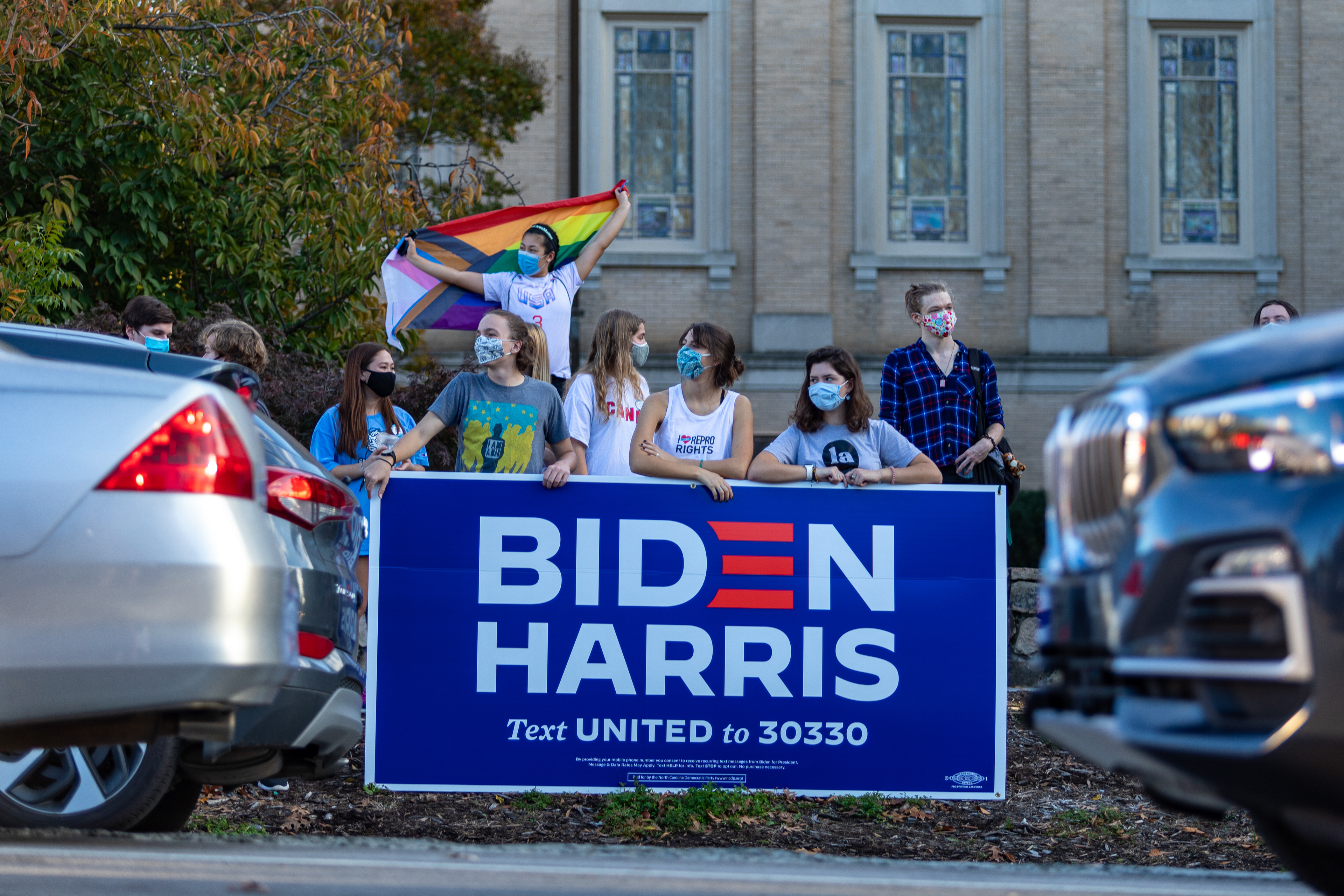 Students celebrate on Franklin Street on Nov. 11, 2020 after Joe Biden beat President Donald Trump to become the next president of the United States.