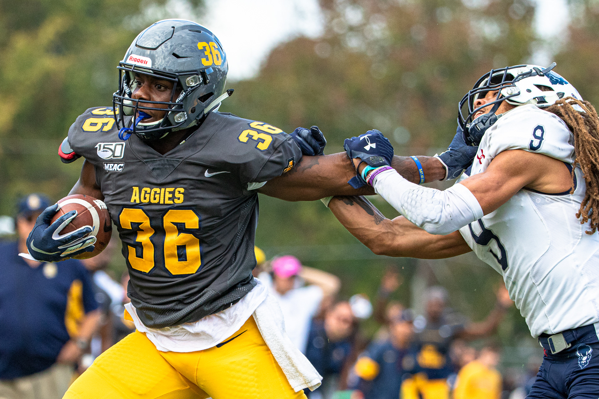 Best in Show, First Place in Sports Action Category | NC A&T redshirt freshman running back T.J. Boyce (36) stiff-arms Howard sophomore defensive back Rodney Dennard (9) in BB&T Stadium in Greensboro, N.C., Saturday, Oct. 26, 2019. The Bulldogs beat the Bison 64-6 in their homecoming game.