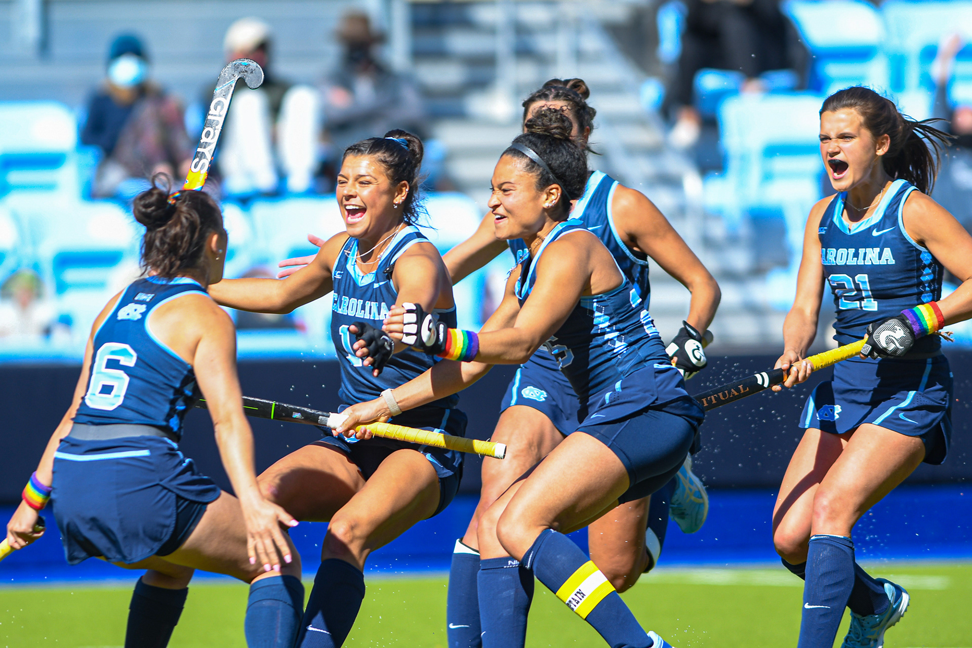 Honorable Mention in Sports Feature Category | UNC celebrates after scoring the game-winning goal in Karen Shelton Stadium in Chapel Hill, N.C., April 2, 2021. The Tar Heels beat the Duke Blue Devils 4-3 in double overtime on their senior night.