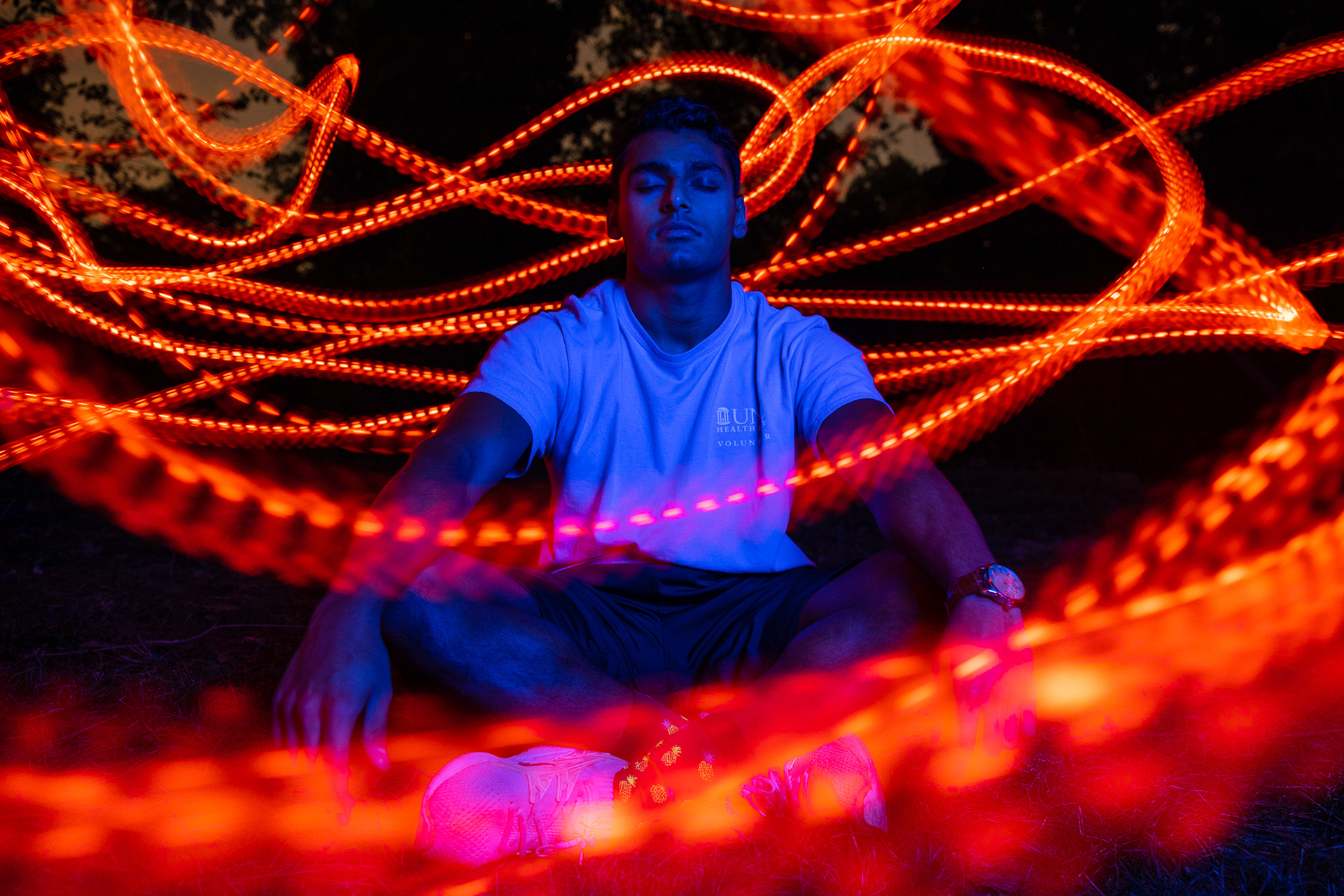 Neeral Patel poses for a portrait in Chapel Hill, N.C., Sept. 22, 2020. He uses this position for meditations he does daily to help clear his mind.