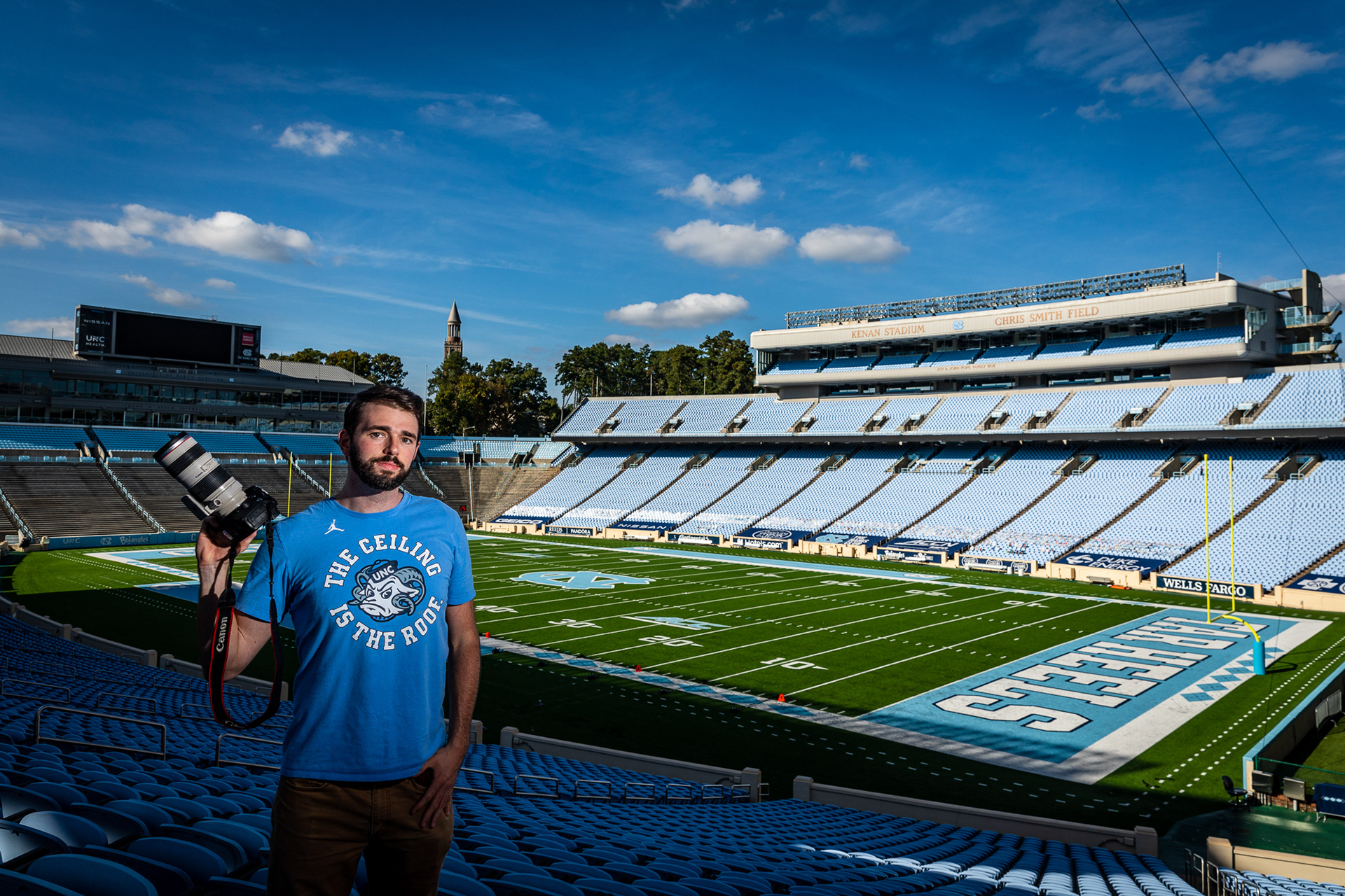 UNC student Abe Loven poses for a self-portrait in Chapel Hill, N.C., Oct. 16, 2020. He works as a photographer at The Daily Tar Heel. “I miss being able to take up a lot of sports assignments at UNC,” he said.