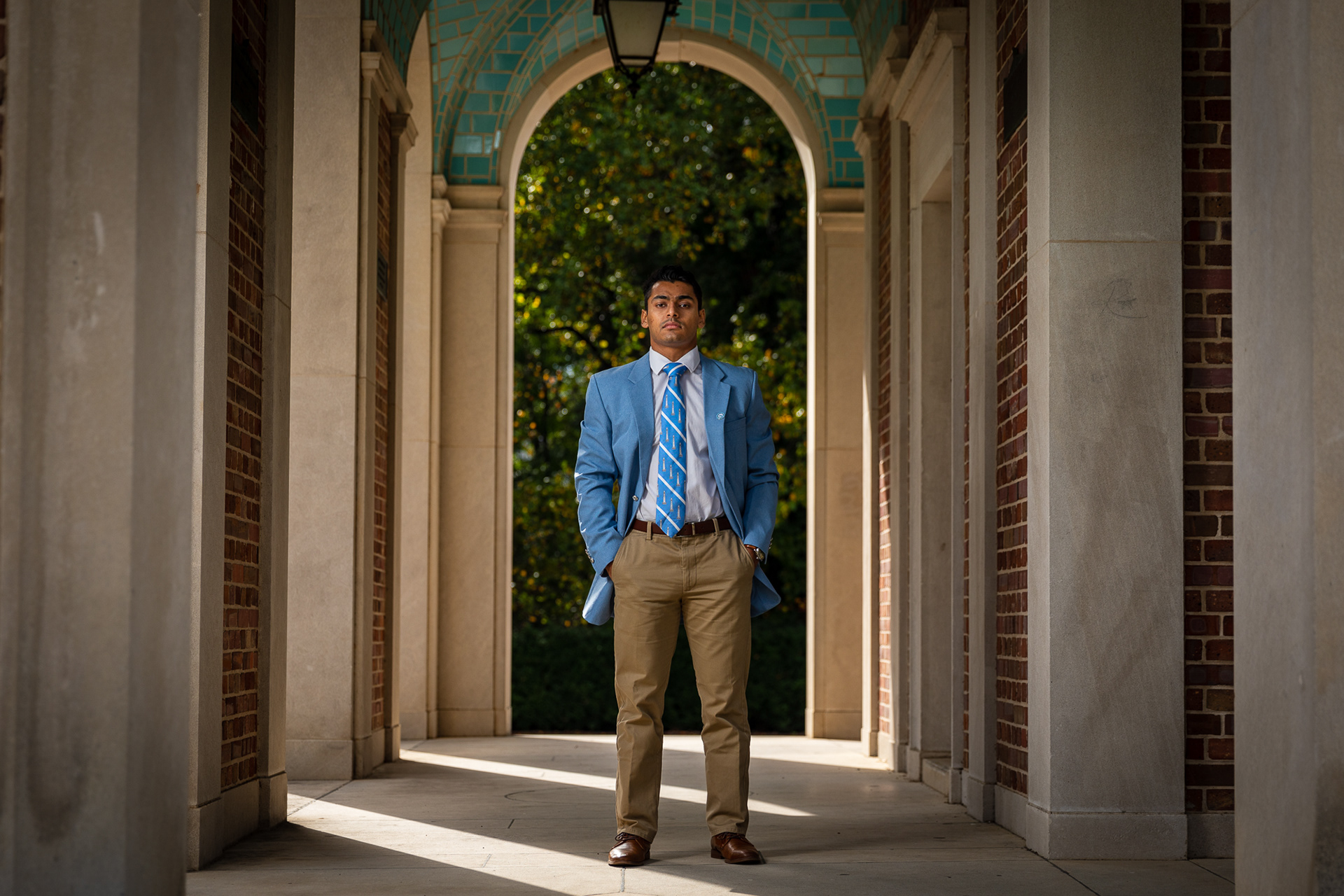 UNC student Neeral Patel poses for a portrait in Chapel Hill, N.C., Oct. 16, 2020. He’s a member of the Order of the Bell Tower, a venerated group at UNC. “I miss working tailgates at the bell tower on games days,” he said.