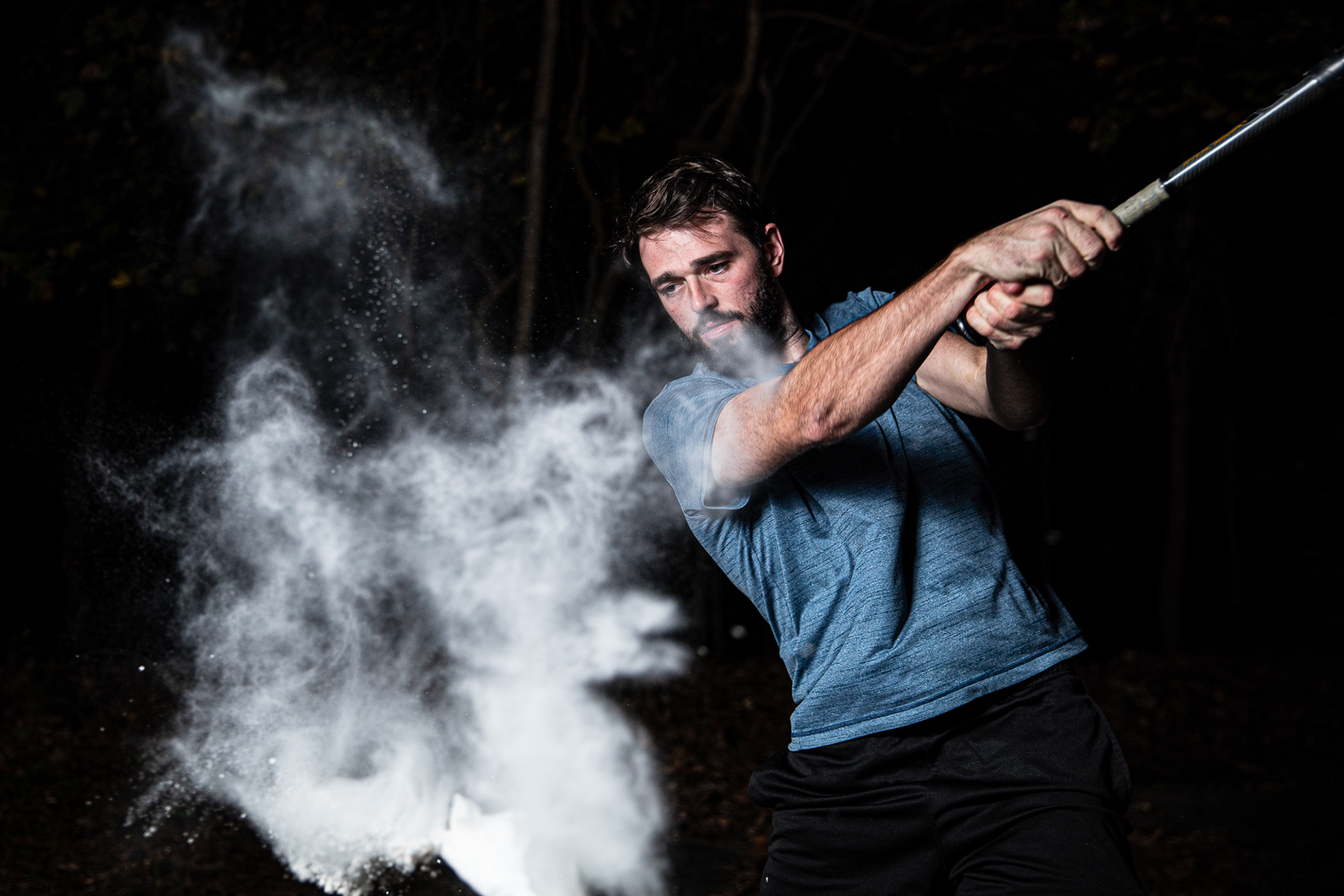 Abe Loven takes a swing in Chapel Hill, N.C., Nov. 21, 2020. He started playing tee-ball when he was four and played until high school. “They say hitting a baseball is one of the hardest tasks of any sport,” he said. “It’s like a game of chess between the pitcher and the batter, but you only have a split second to make a decision as the pieces are flying towards you at 90 miles per hour.”