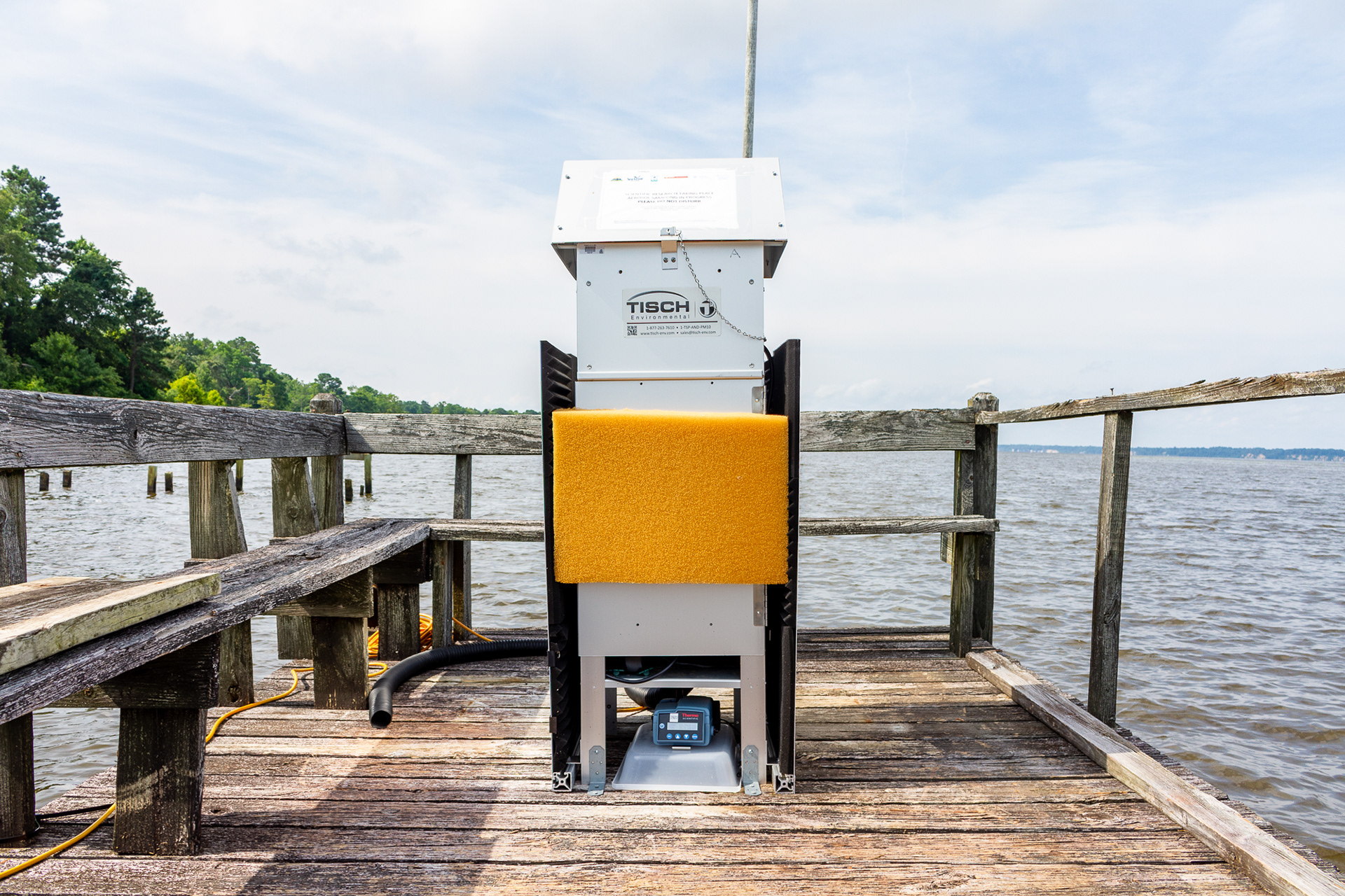 A water sample collection device sits on a dock near Edenton, N.C., July 7, 2020.