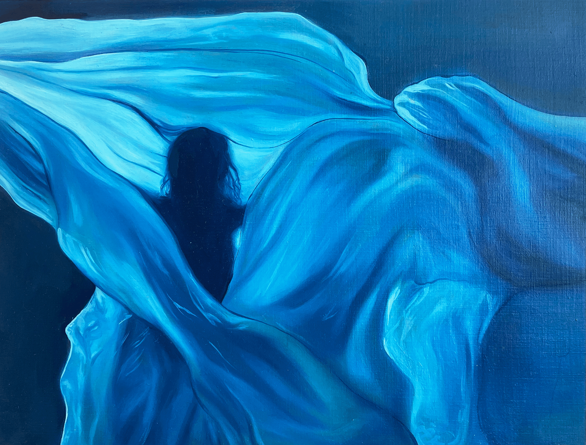 oil painting of a figure in the shadows surrounded by blue textile structures