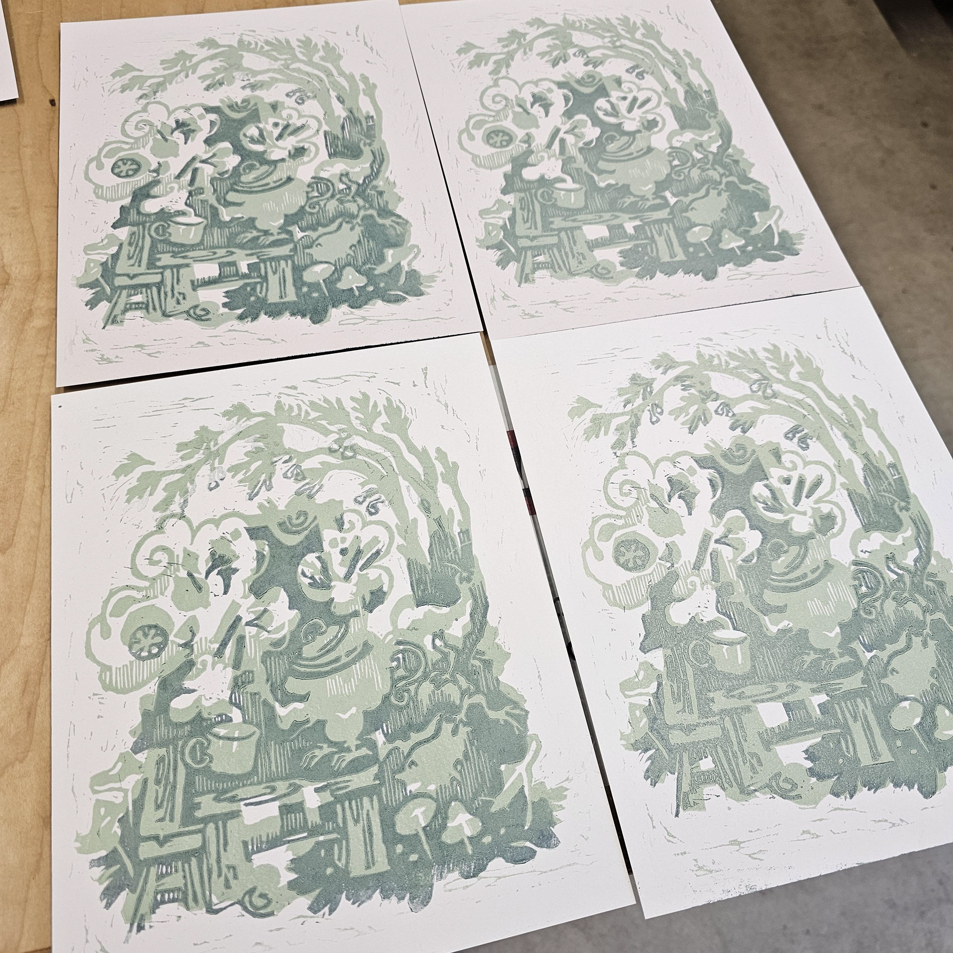 "Winter Solstice" two-color linocut prints