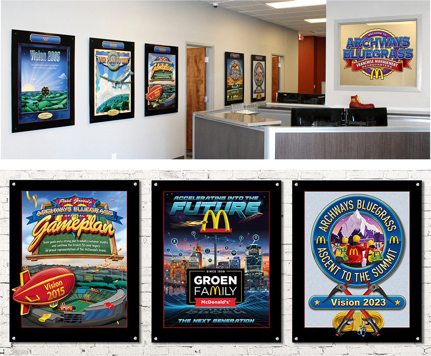 My business plan covers printed and mounted as office artwork. We also put the logo on glass and decortaed the entry door windows.