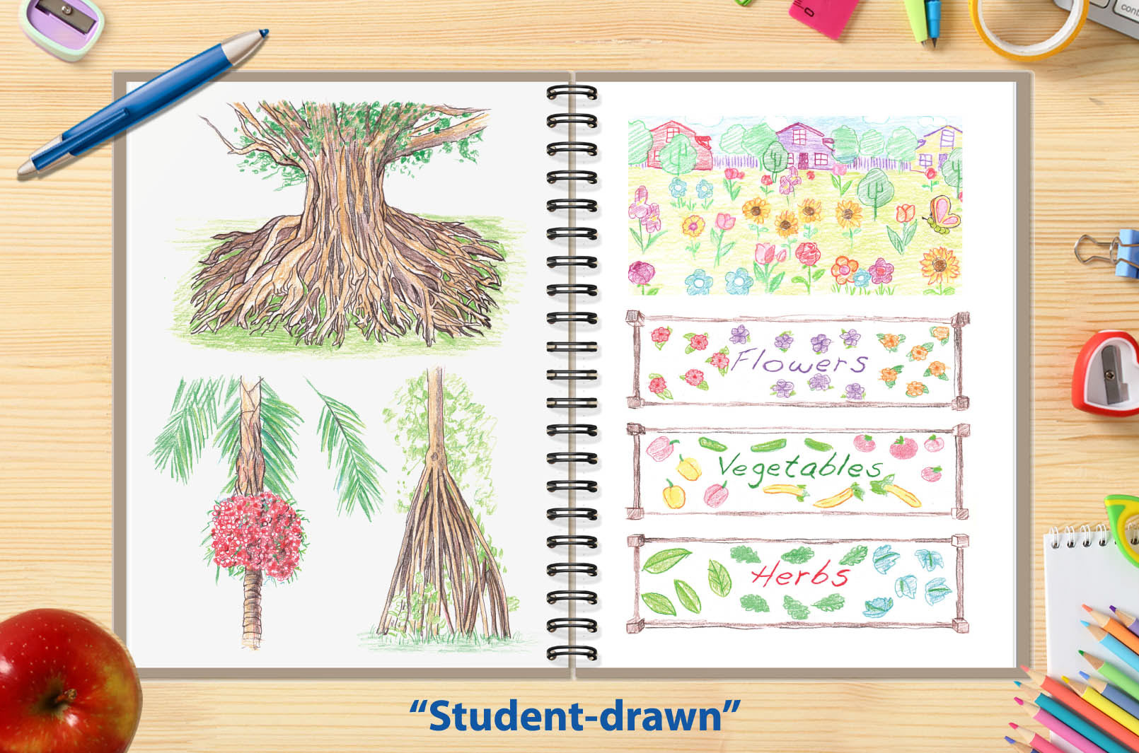 Pencils drawings, my original medium, to loo like they were drawn by young students