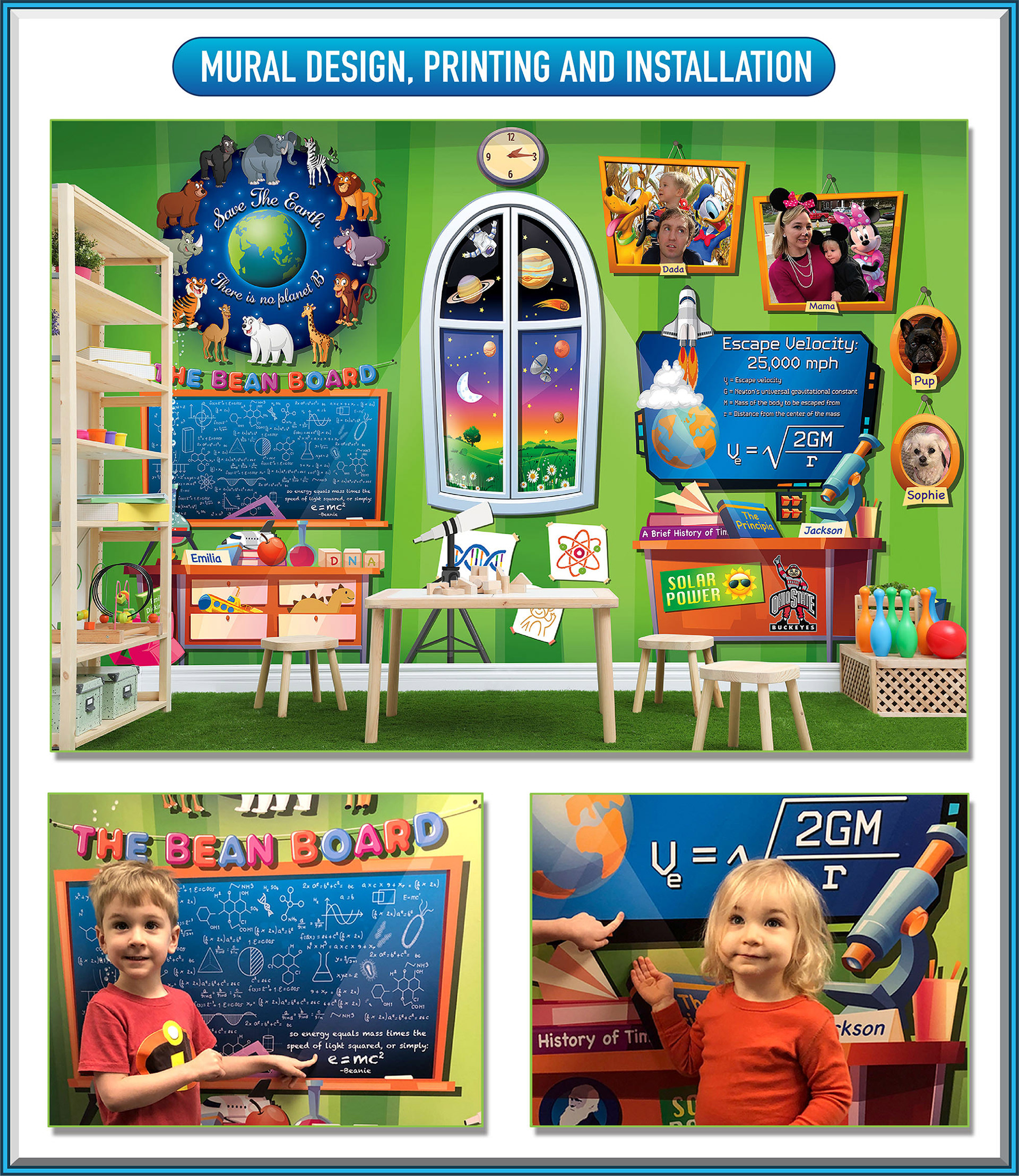 Science-themed mural for EMilia and Jackson's playroom on adhesive backed wall paper.