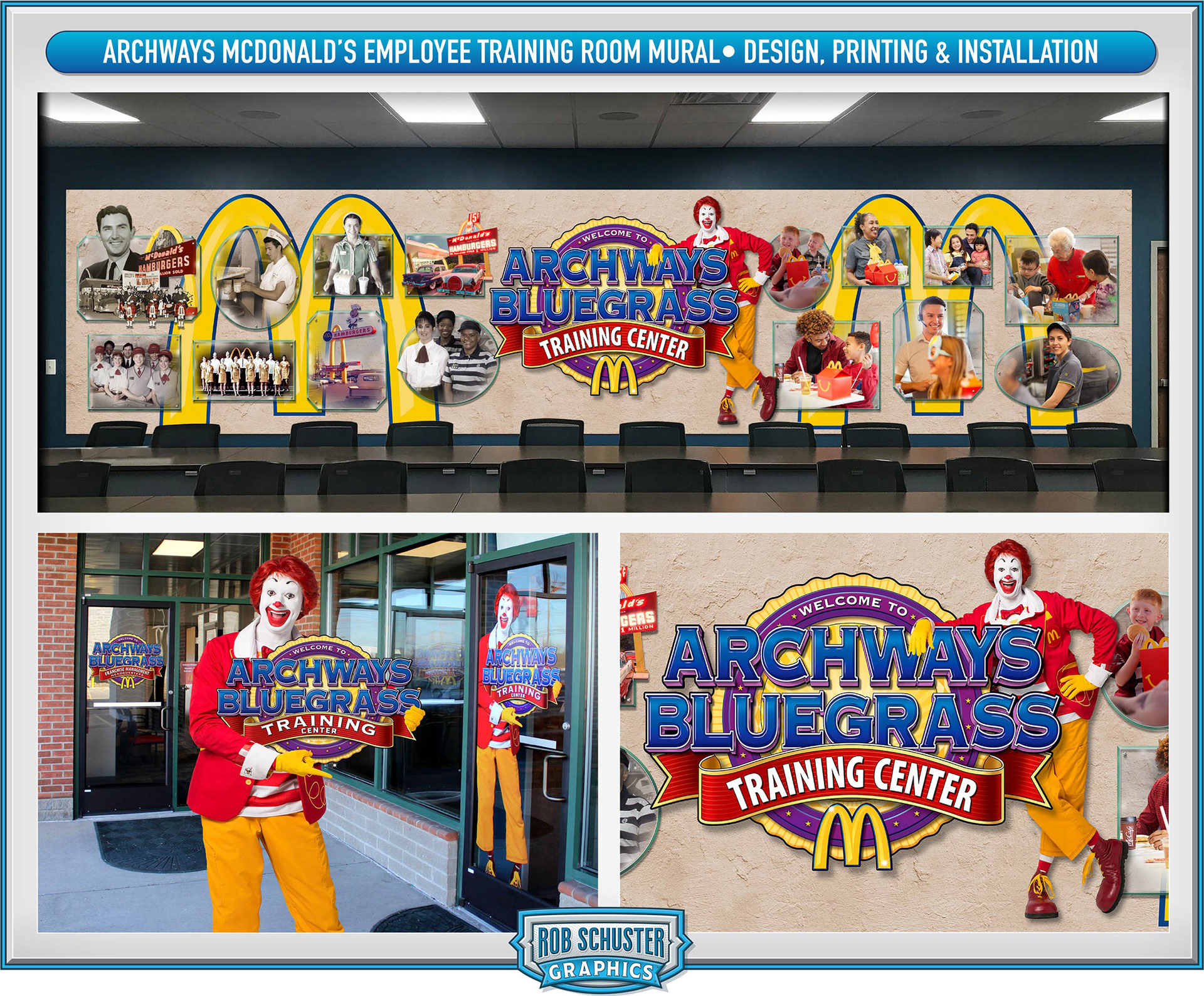 30 foot wide mural in the Archways McDonald's Training Room going from past to present.