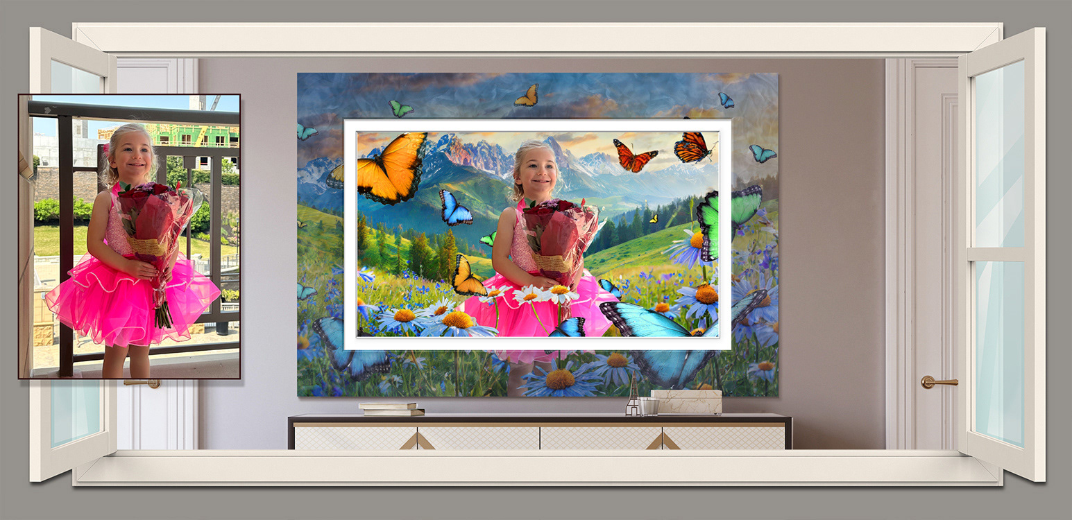 Emilia after her "Tippy Toes" rehearsal. This is printed transparently on mirrored metal (so the mirror reflection shows), then the interior rectangle that matches the image is on non-transparent material, a beautiful and interesting effect.