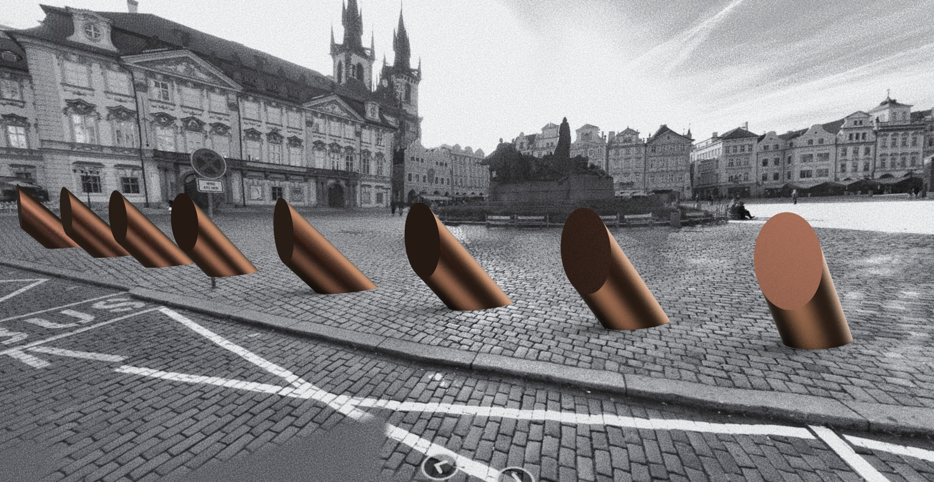 skica soch / fortifikace staroměstského náměstí před pozemním teroristickým útokem