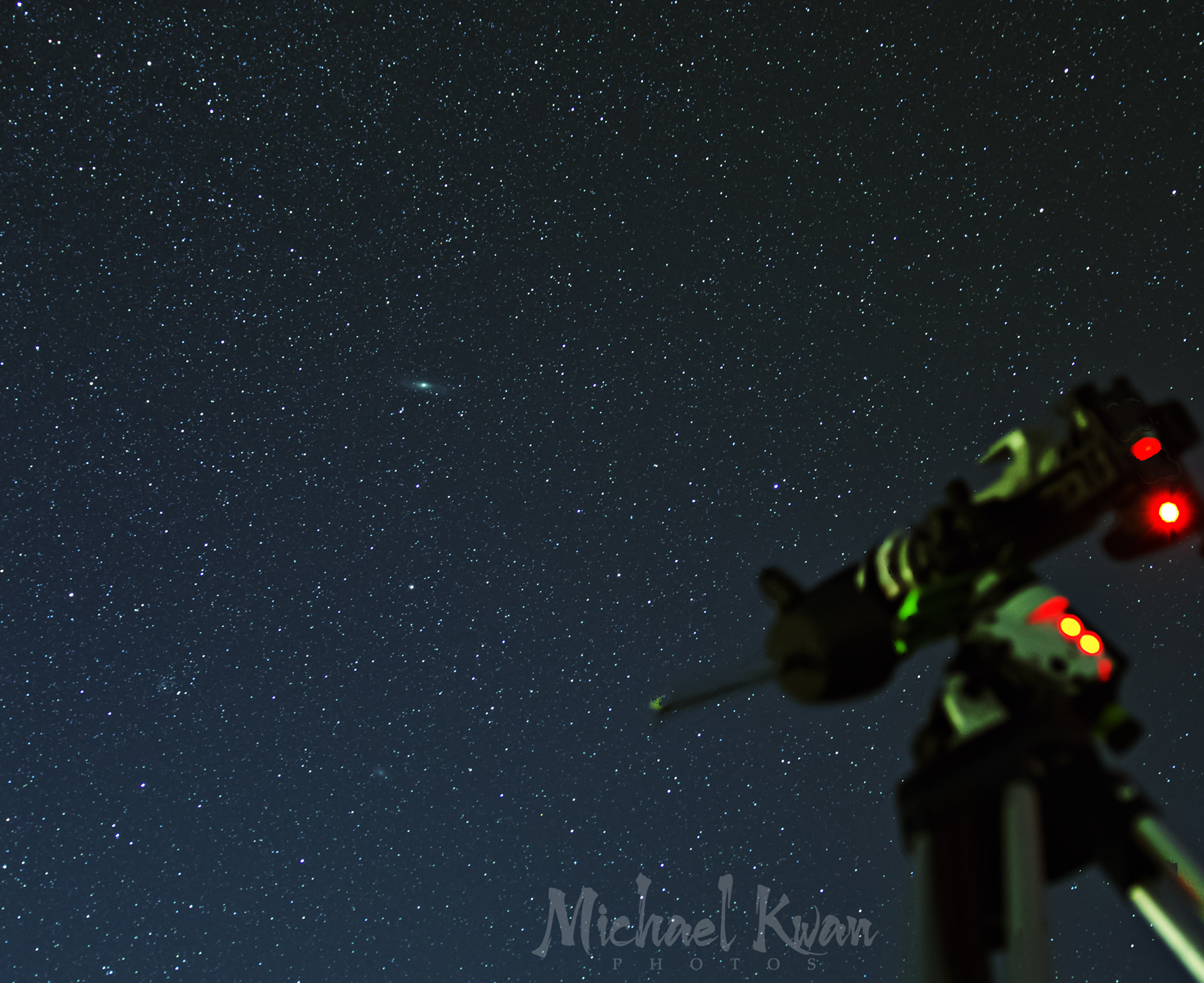 camera capturing The Pleiades, Andromeda Galaxy is shown
