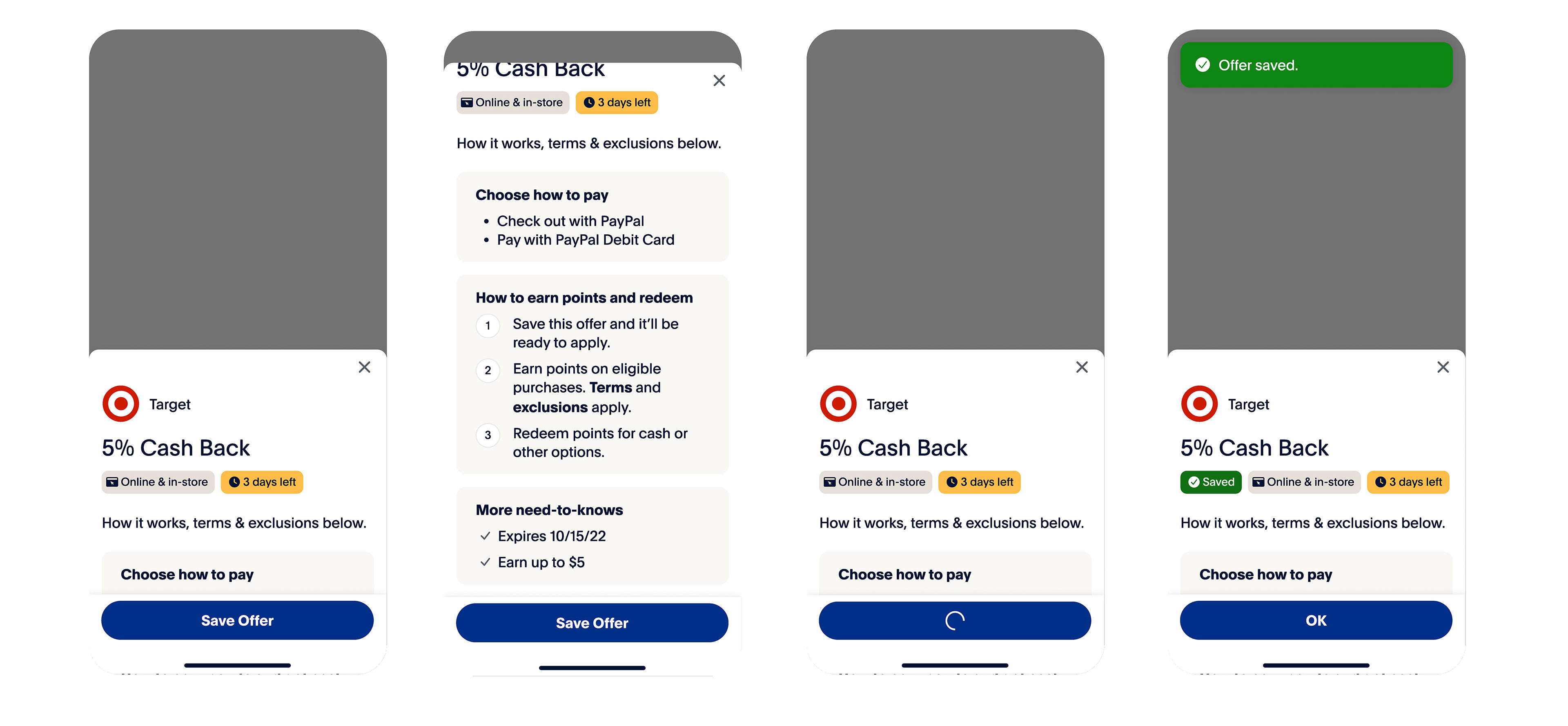Single Screen for Saving Cash Back Offer