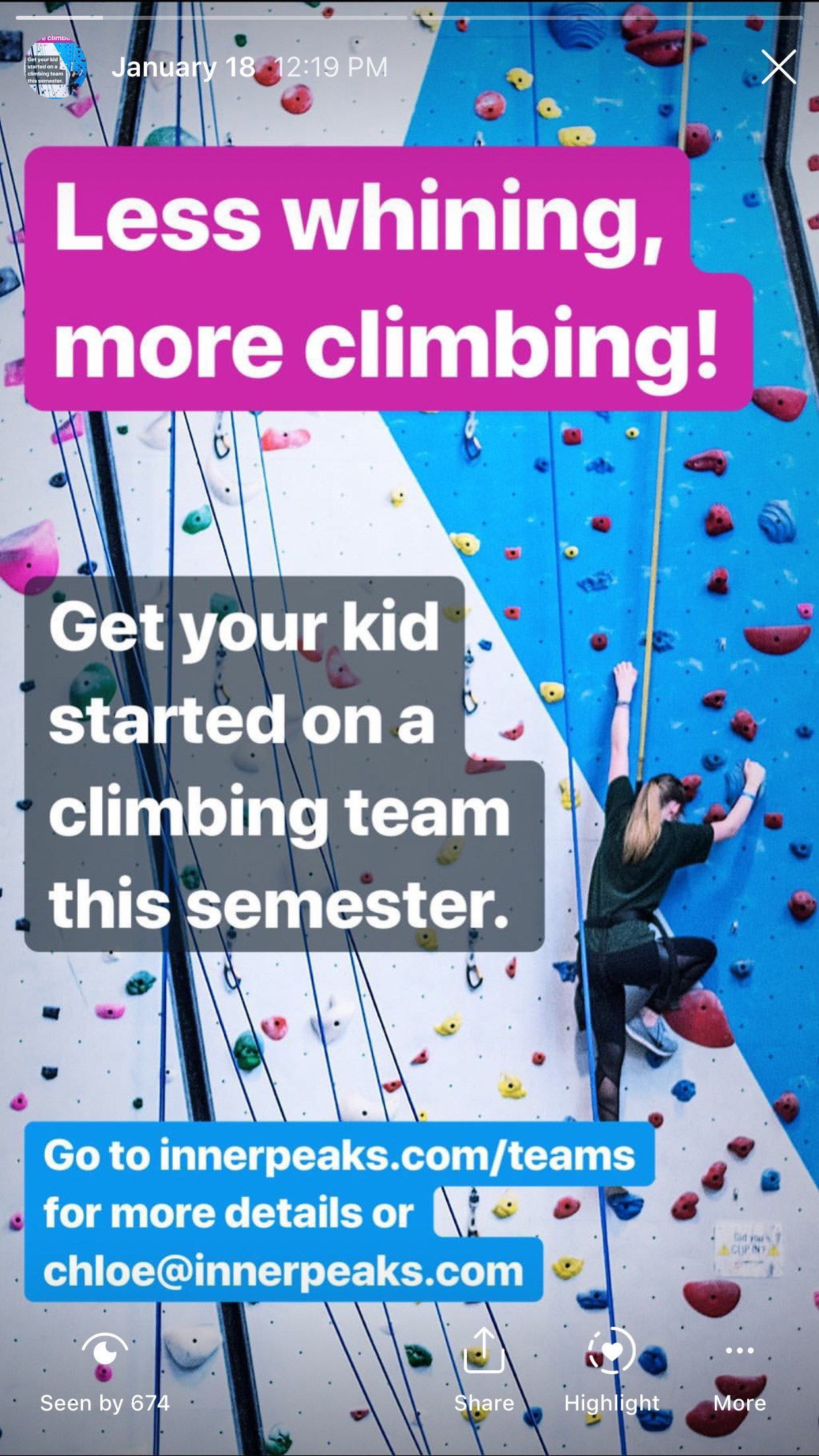 Push for parents to enroll kids in climbing teams.
