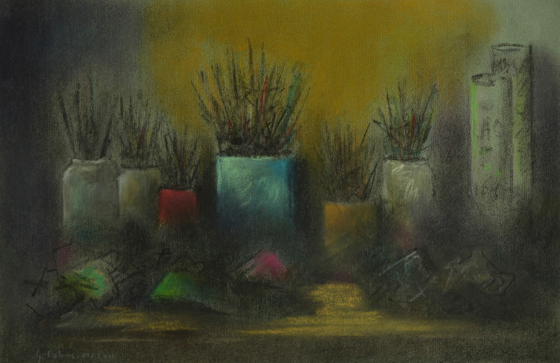  1/ La table de travail-pastel sur  papier
gris vert-32,5x20-O.18/70-M.200 isos-
B.des B.ombre turquoise-S. neutre-opti.
normale-correction expo : - 1 - mesure
matricielle- zone AF dynamique.