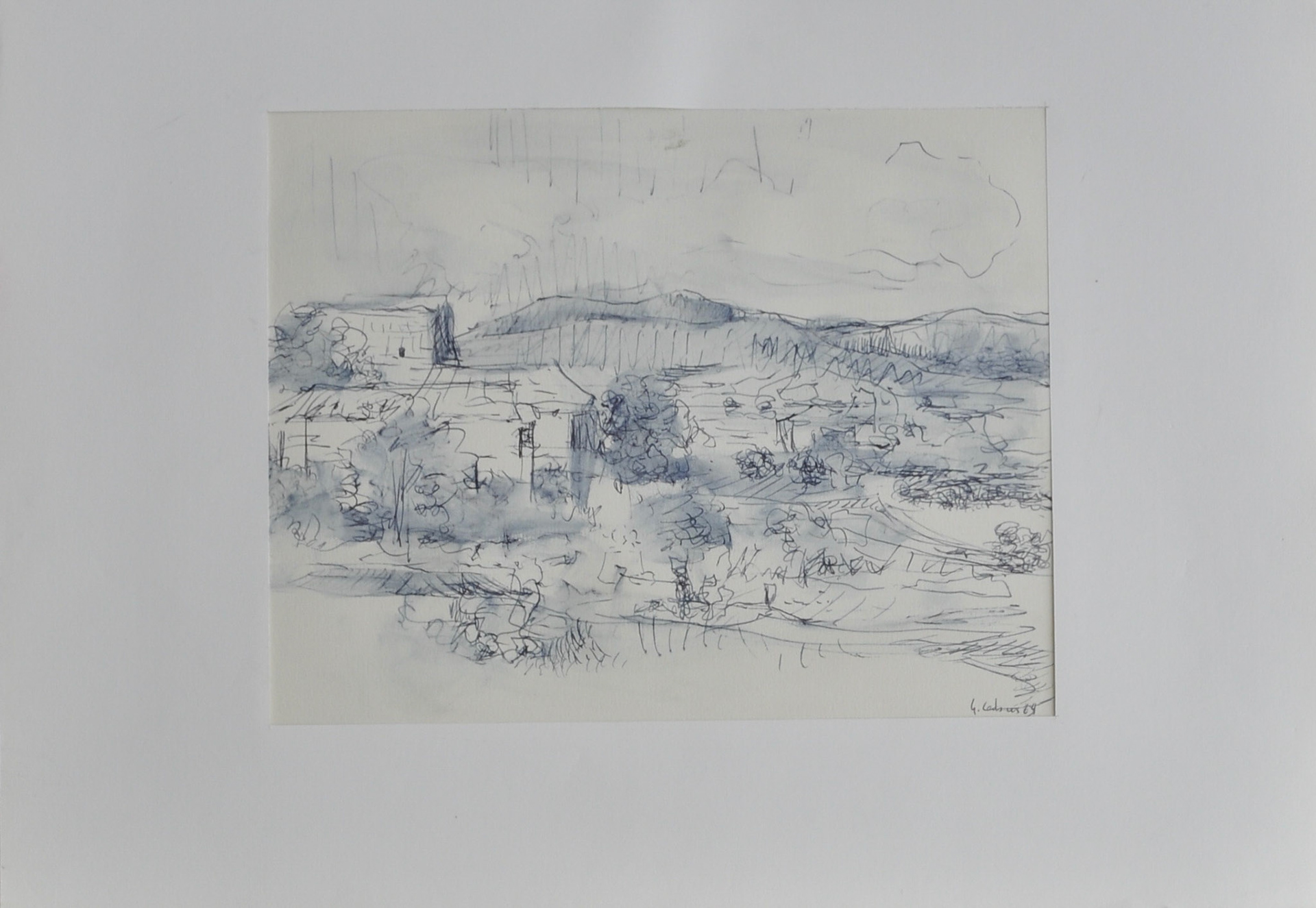 plume et lavis d'encre bleue 25x19,8