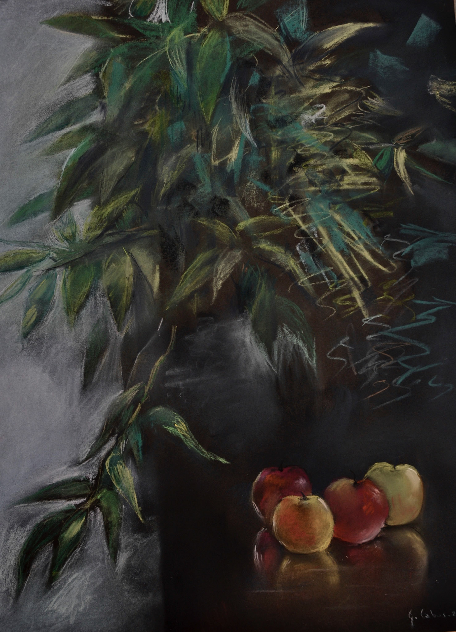 Quatre pommes et une plante verte-pastel-50X65. Vendue à Véronique et Jean Grésillon.