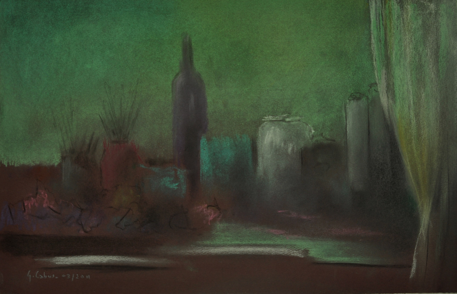  6/ La table de travail-pastel sur  papier
violet 32,5x20-O.18/70-M.200 isos-
B.des B.ombre turquoise-S. neutre-opti.
normale-correction expo : - 1 - mesure
matricielle- zone AF dynamique.