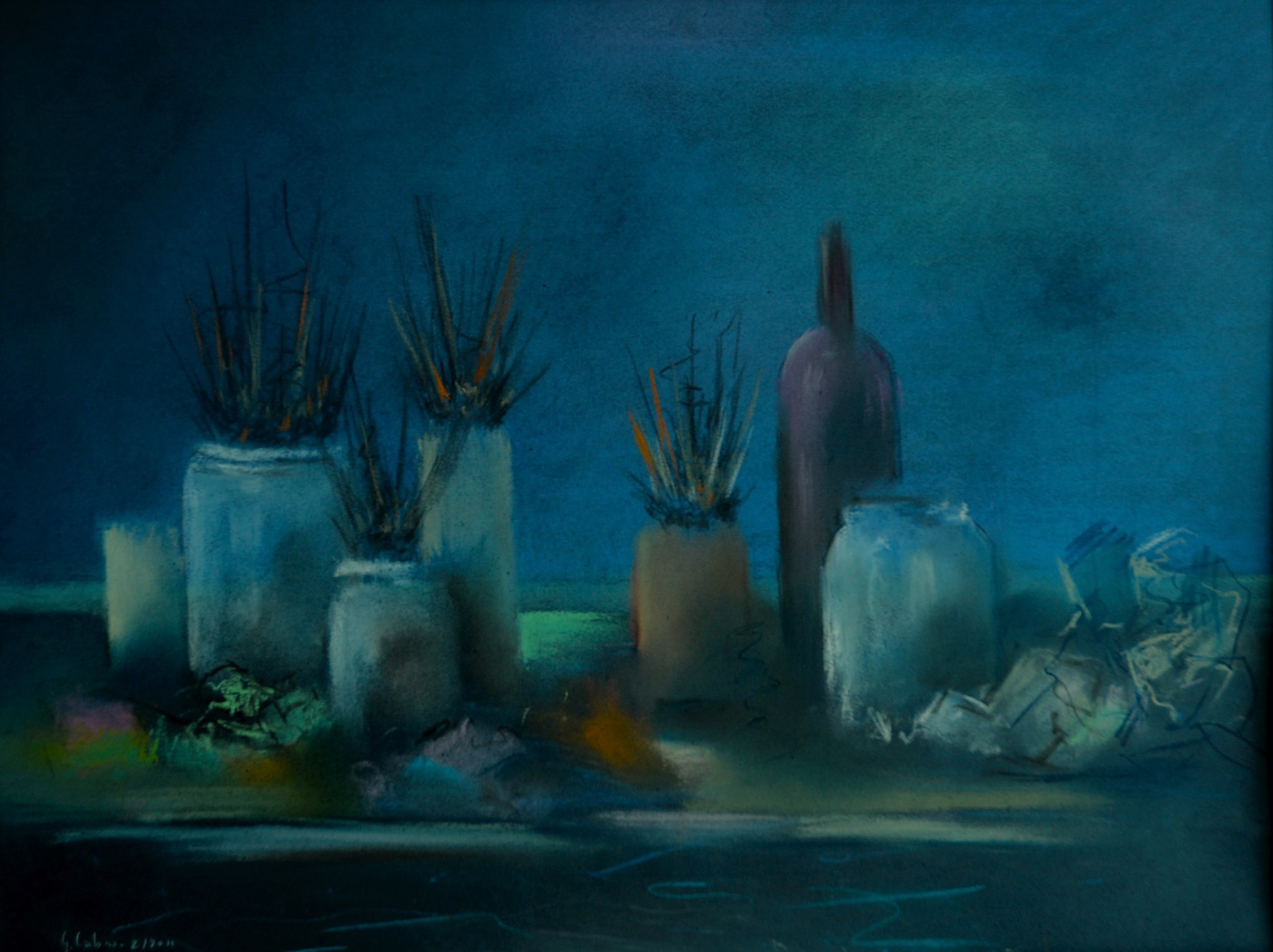  3 / La table de travail-pastel sur  papier 
bleu foncé-50x65-O.18/70-M.200 isos-
B.des B.ombre turquoise-S. neutre-opti.
normale-correction expo : - 1 - mesure
matricielle- zone AF dynamique.