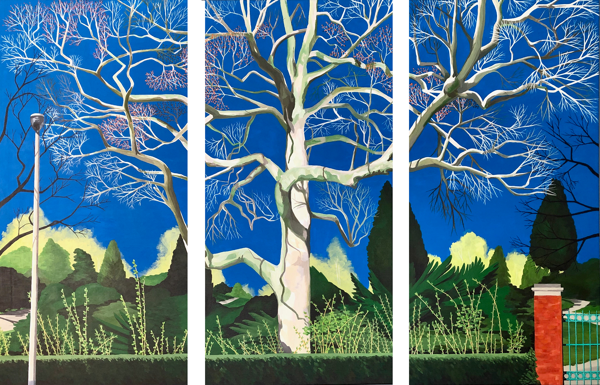 the third day / the arrival of spring in kurpark kleve _ 06.2019 _ triptych _ acryl on canvas _ each 60 x 120 cm __ EUR 4.850,-- framed __