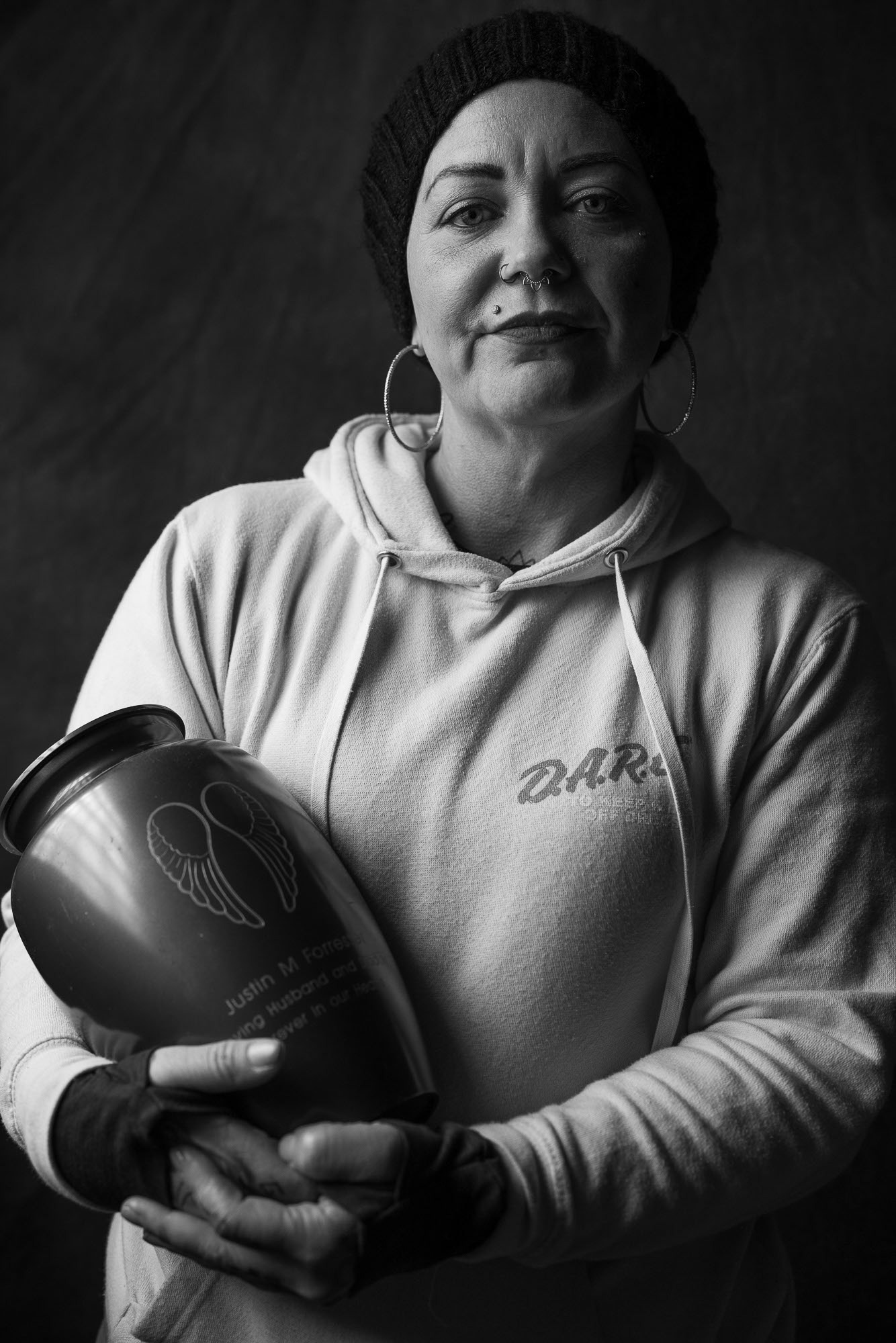 Stepahnie Forrester holds her husband Justin's ashes.  Justin died from a heroin overdose in Fairport New York, leaving Stephanie and two children behind.  Stephanie is one of the founding members of Recovery All Ways in Rochester, N.Y.