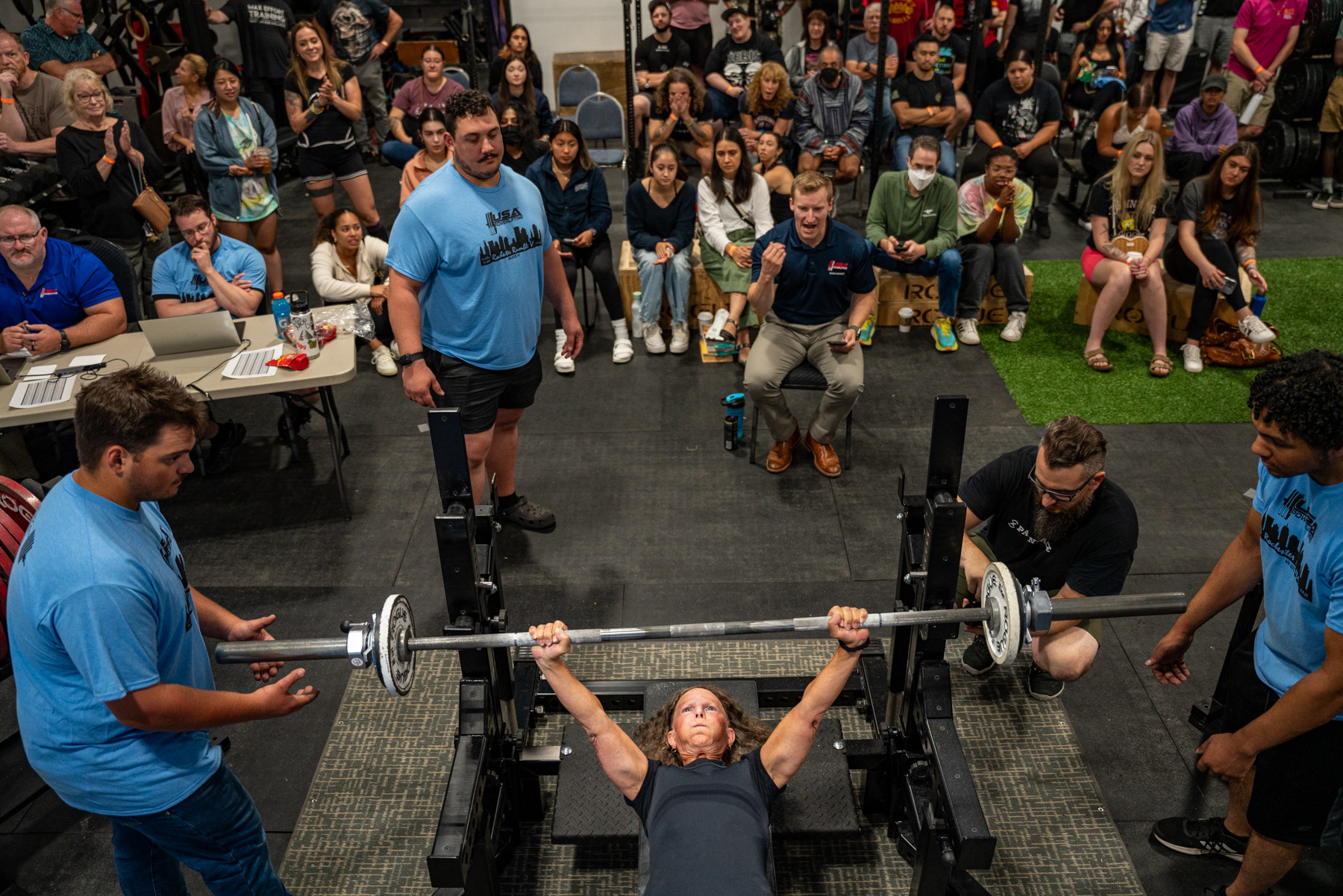 Peggy Tirrell completes one of three attempts at the bench press during the USA Powerlifting Rochester Rumble V  in Henrietta , NY on Sept. 9, 2023. 