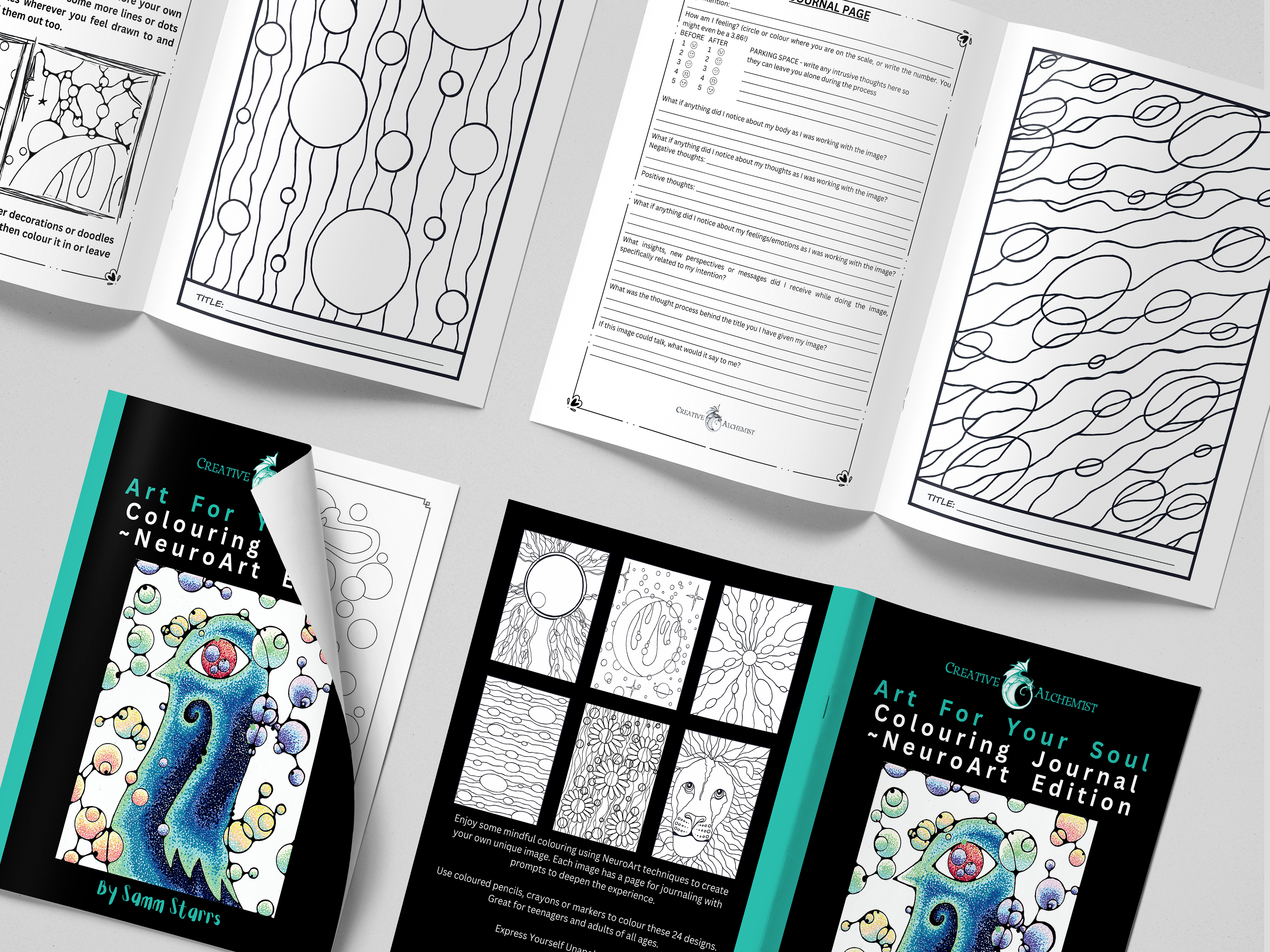 Mockup of the Art for Your Soul NeuroArt colouring journal showing the cover and two inside spreads