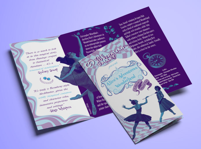 Image of a trifold magazine using duotone Pantone colours opened to the inside spread with another copy showing the front cover on top.