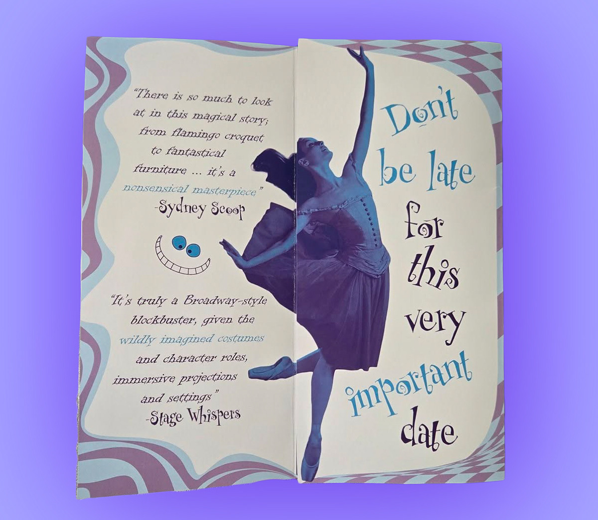 Showing the first two panels you would see after opening the front page of a trifold brochure, featuring reviews and a ballerina done with Pantone duotone colours for the Alice in Wonderland ballet