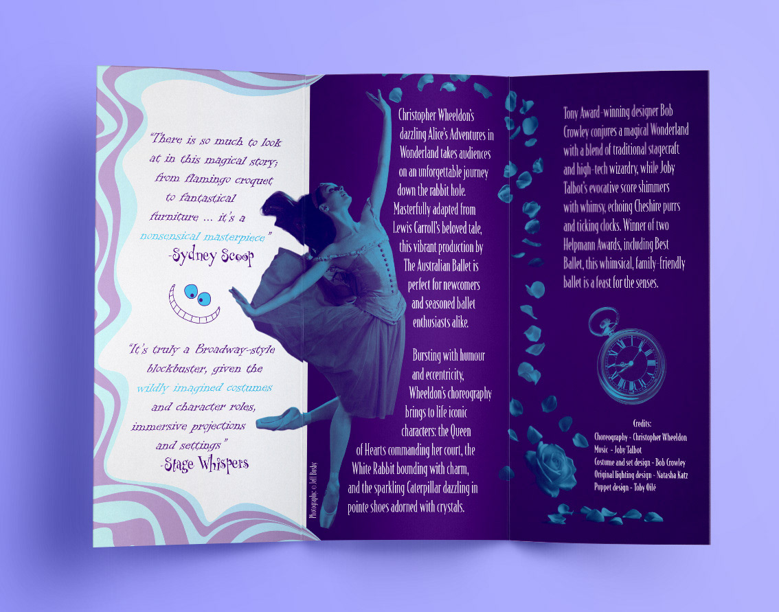An open trifold brochure showing the three inside panels using Pantone duotone colours and featureing the details of the Alice in Wonderland ballet